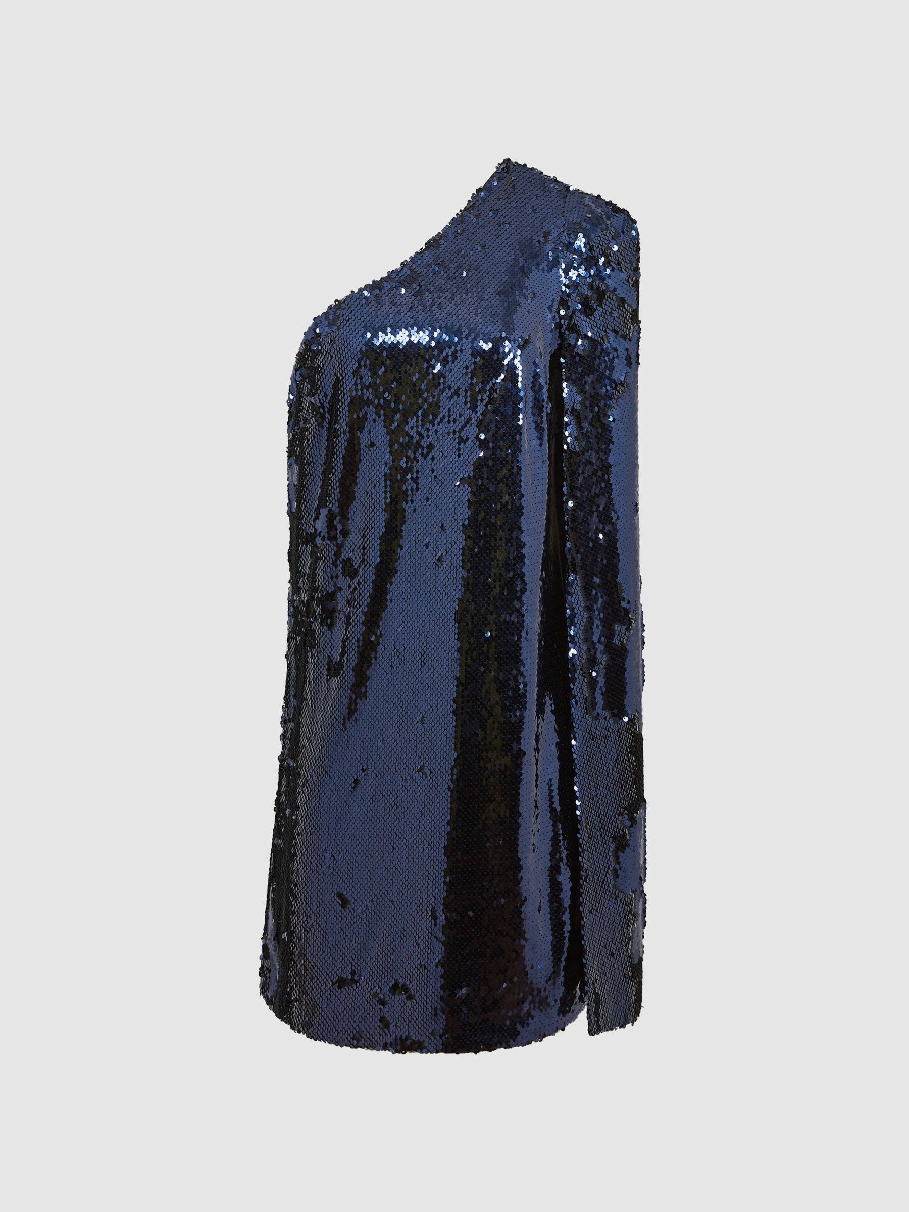 Sequin Cape One Shoulder Mini Dress in Blue - Image 2 of 6