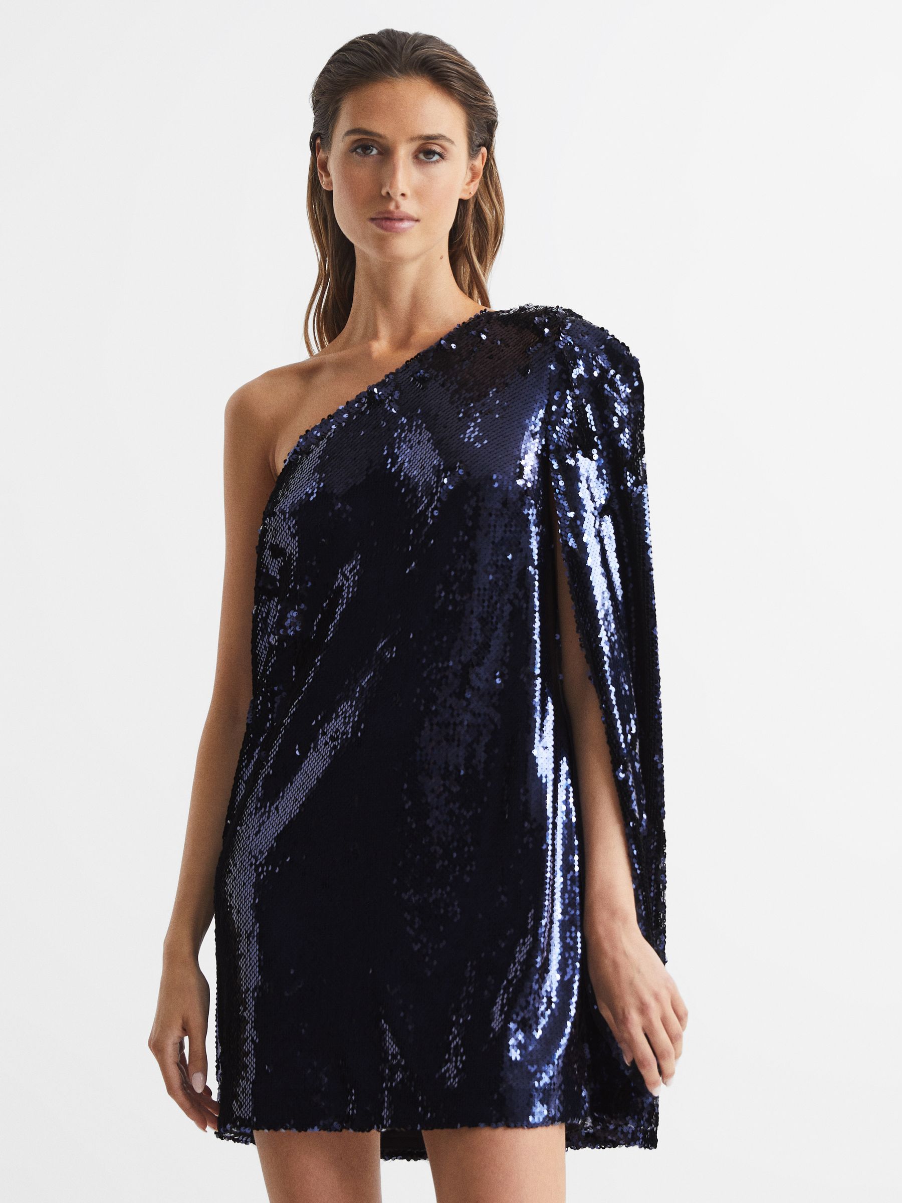 Sequin Cape One Shoulder Mini Dress in Blue - Image 3 of 6