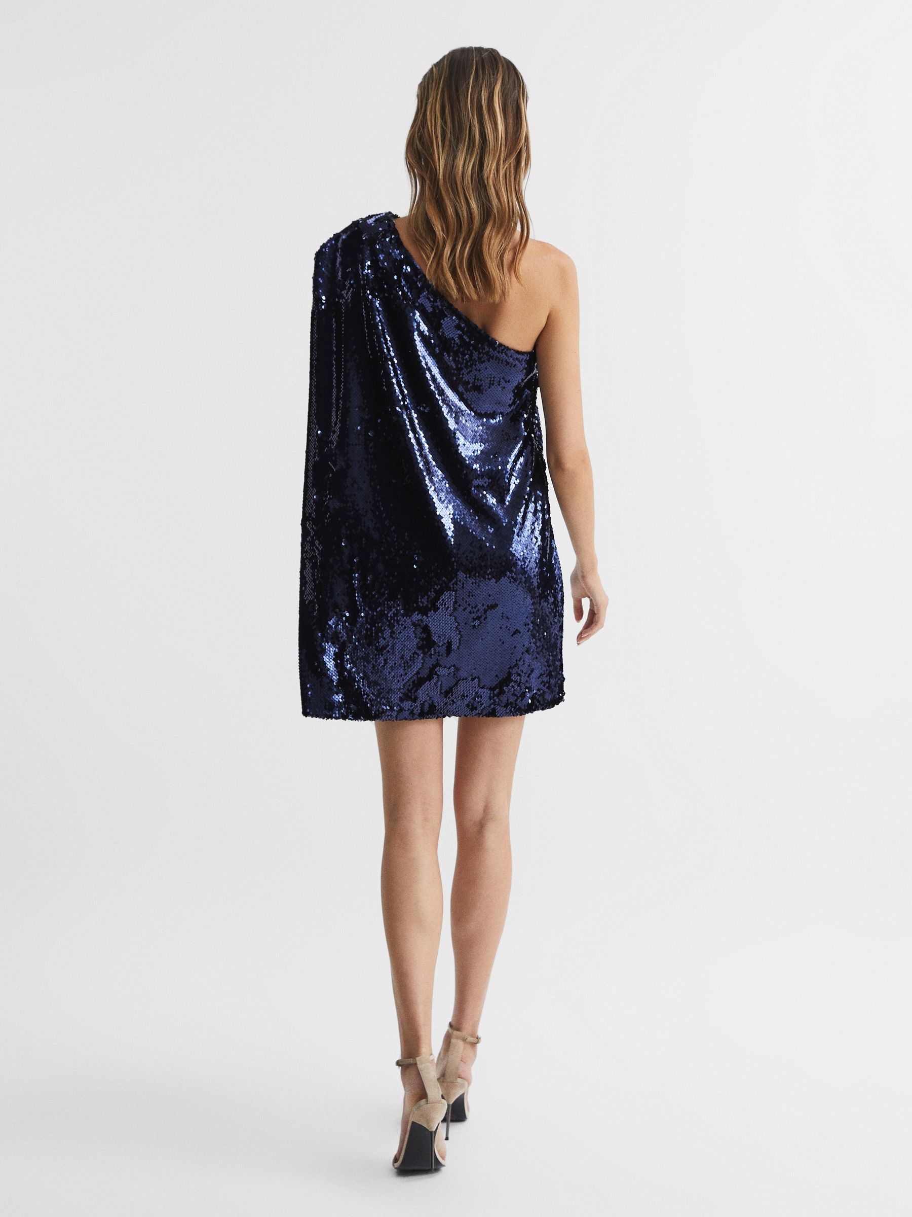 Sequin Cape One Shoulder Mini Dress in Blue - Image 5 of 6