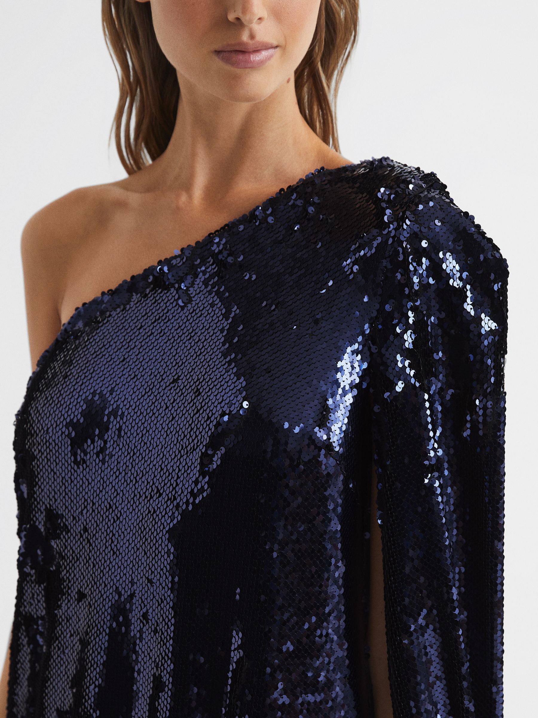 Sequin Cape One Shoulder Mini Dress in Blue - Image 6 of 6