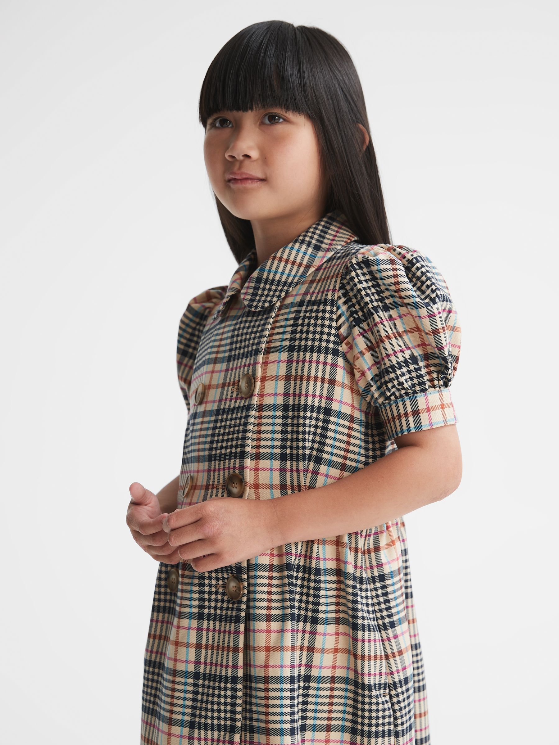 Reiss Senior Puff Sleeve Check Dress in Beige Check | REISS