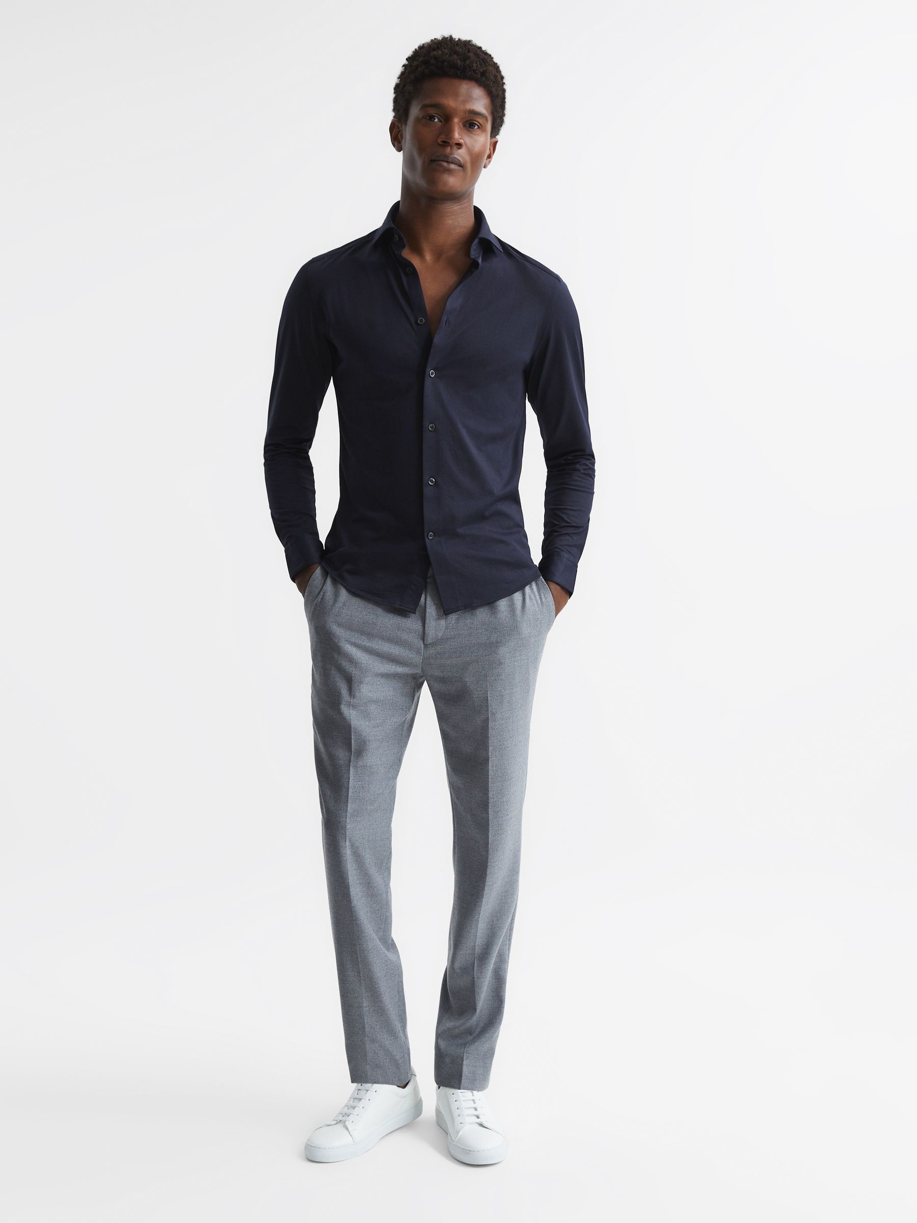 Cotton-Blend Jersey Cutaway-Collar Shirt in Navy - image 3