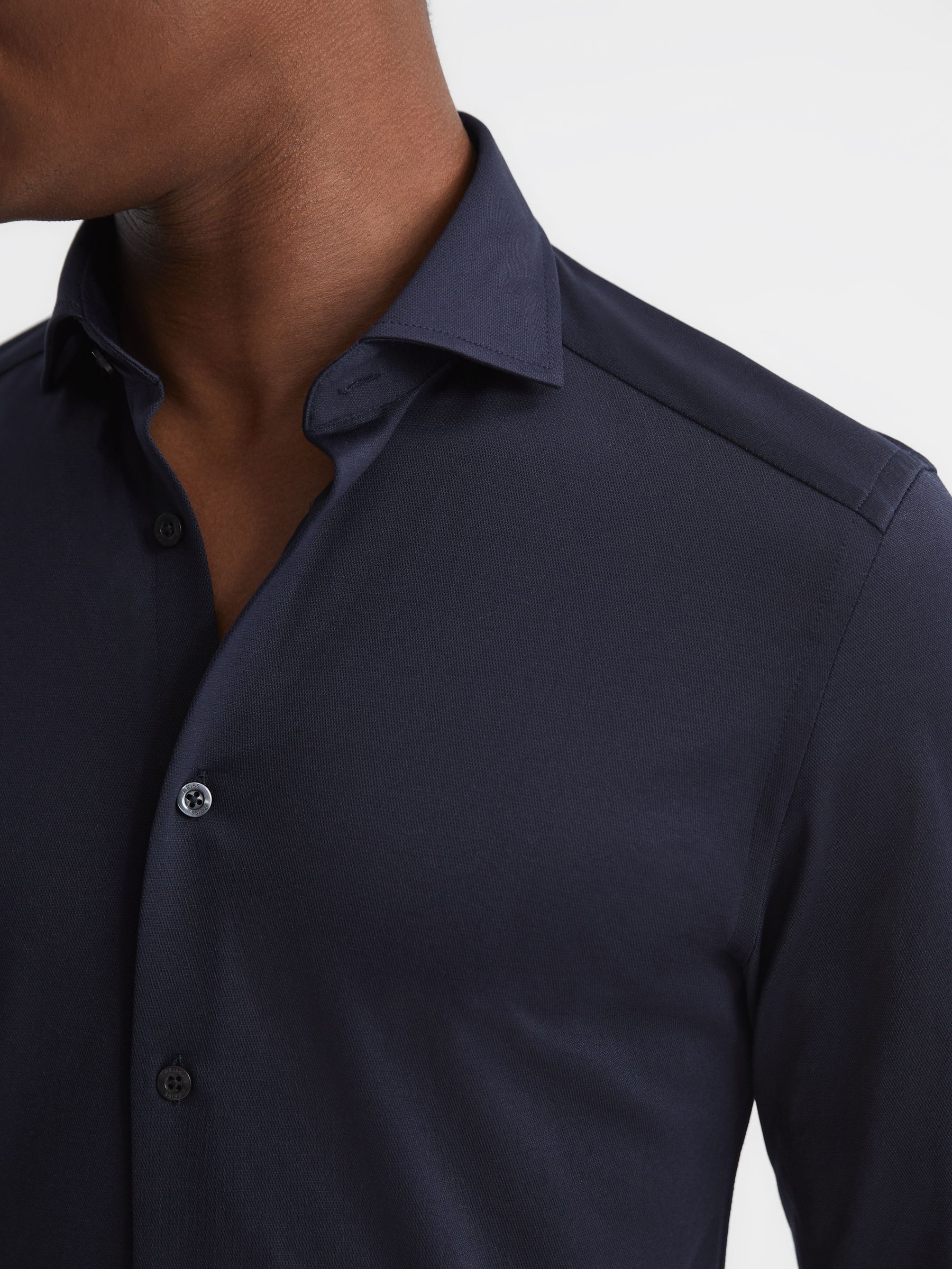 Cotton-Blend Jersey Cutaway-Collar Shirt in Navy - image 4