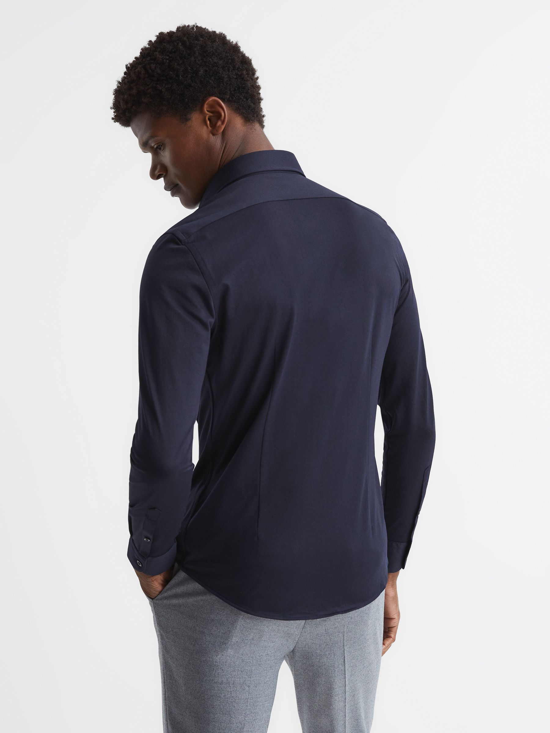 Cotton-Blend Jersey Cutaway-Collar Shirt in Navy - image 5