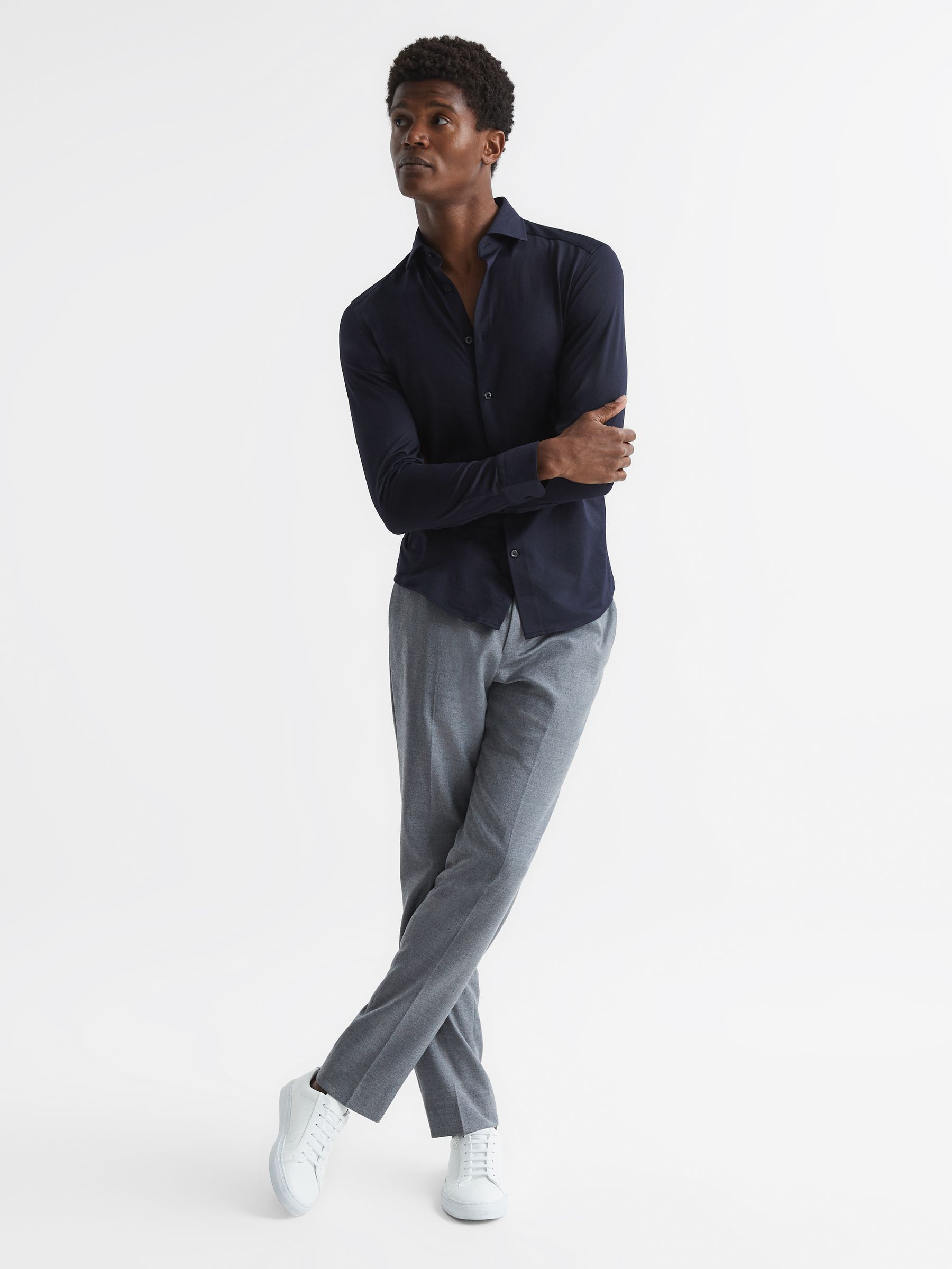 Cotton-Blend Jersey Cutaway-Collar Shirt in Navy - Image 6 of 7
