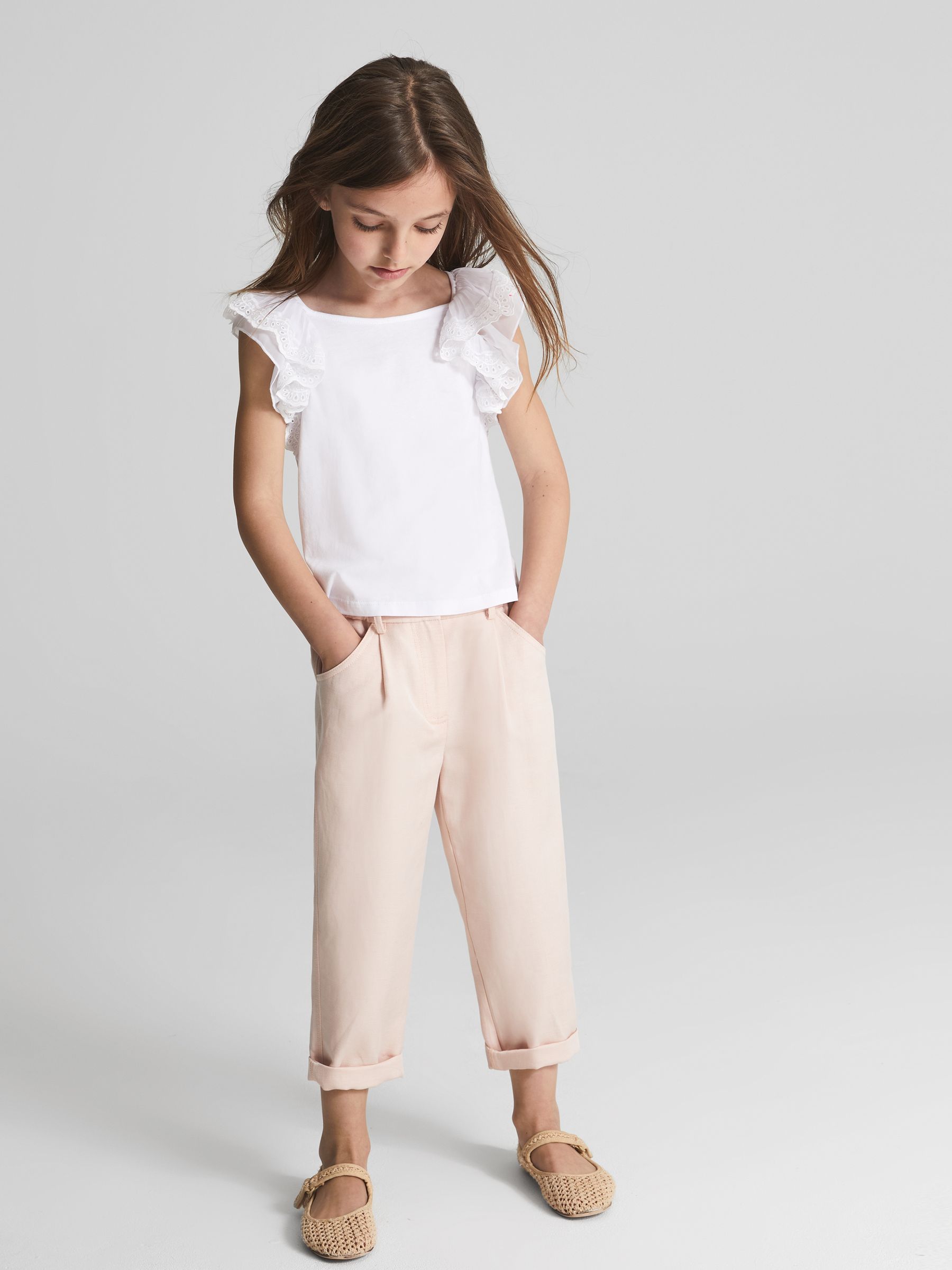 Lace Shoulder Jersey T-Shirt in Ivory - Image 1 of 4 Lace Shoulder Jersey T-Shirt in Ivory - Image 1 of 4