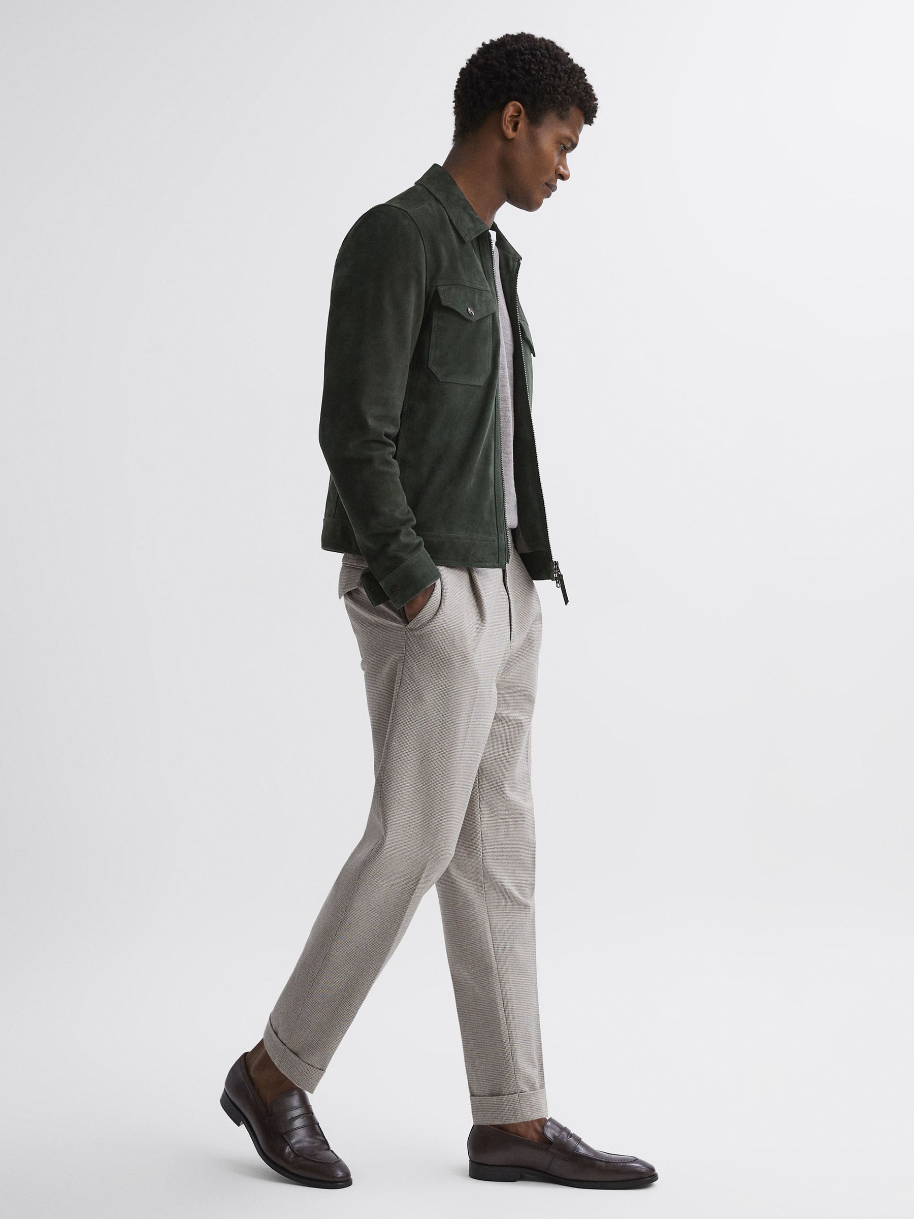 Suede Zip-Through Trucker Jacket in Forest Green - Image 3 of 4