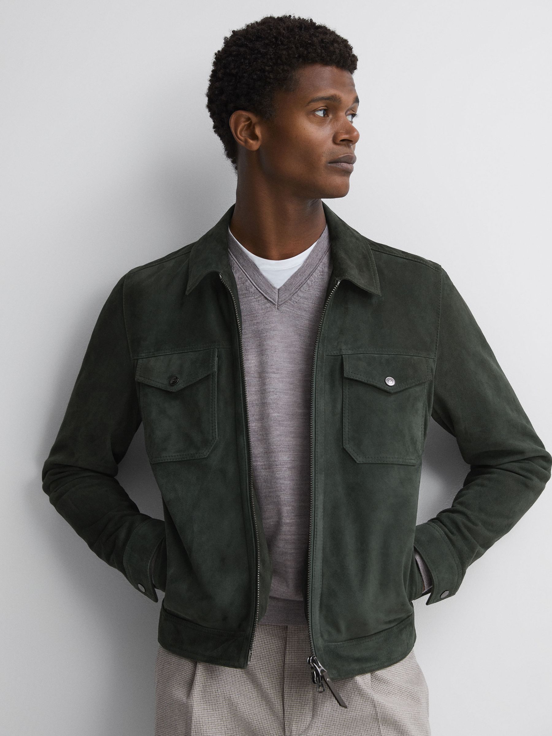 Suede Zip-Through Trucker Jacket in Forest Green - Image 6 of 8