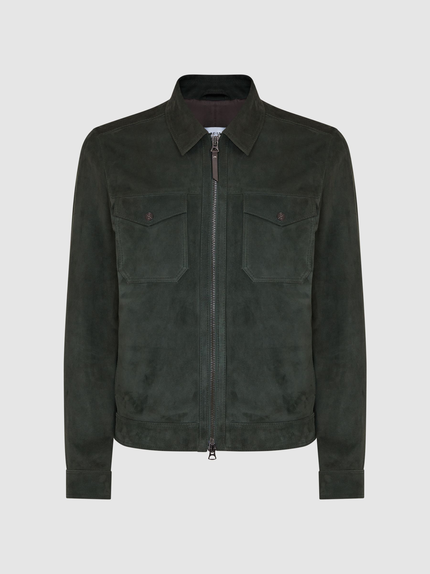 Suede Zip-Through Trucker Jacket in Forest Green - Image 8 of 8