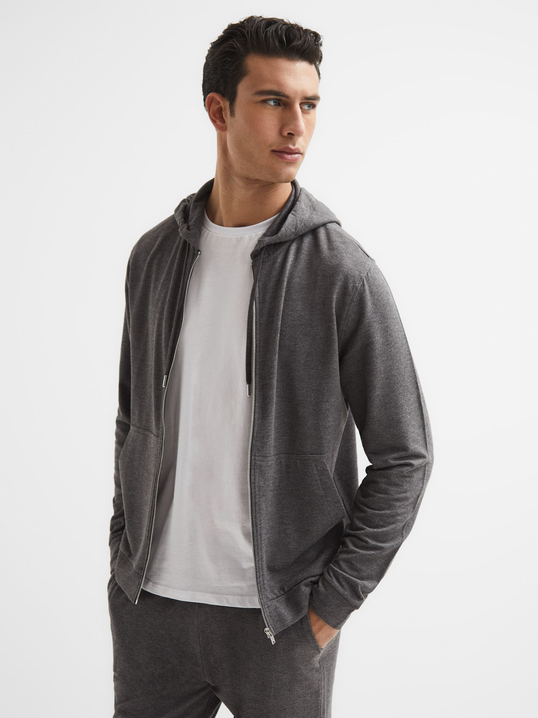 Melange Zip Through Hoodie in Dark Grey - Image 1 of 6