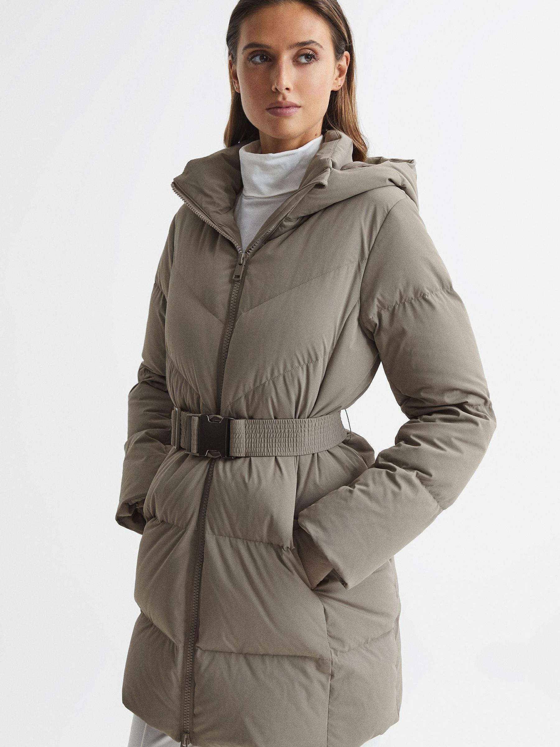 Hooded Mid Length Waisted Puffer Jacket in Mink - Image 1 of 8