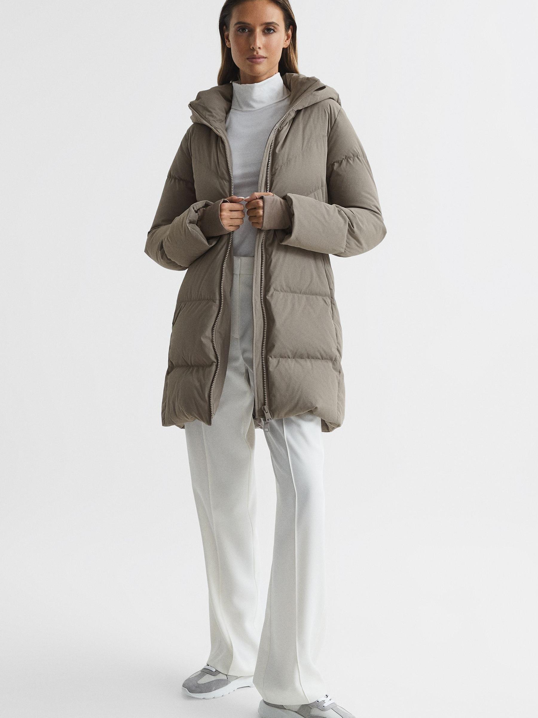 Hooded Mid Length Waisted Puffer Jacket in Mink - Image 3 of 8
