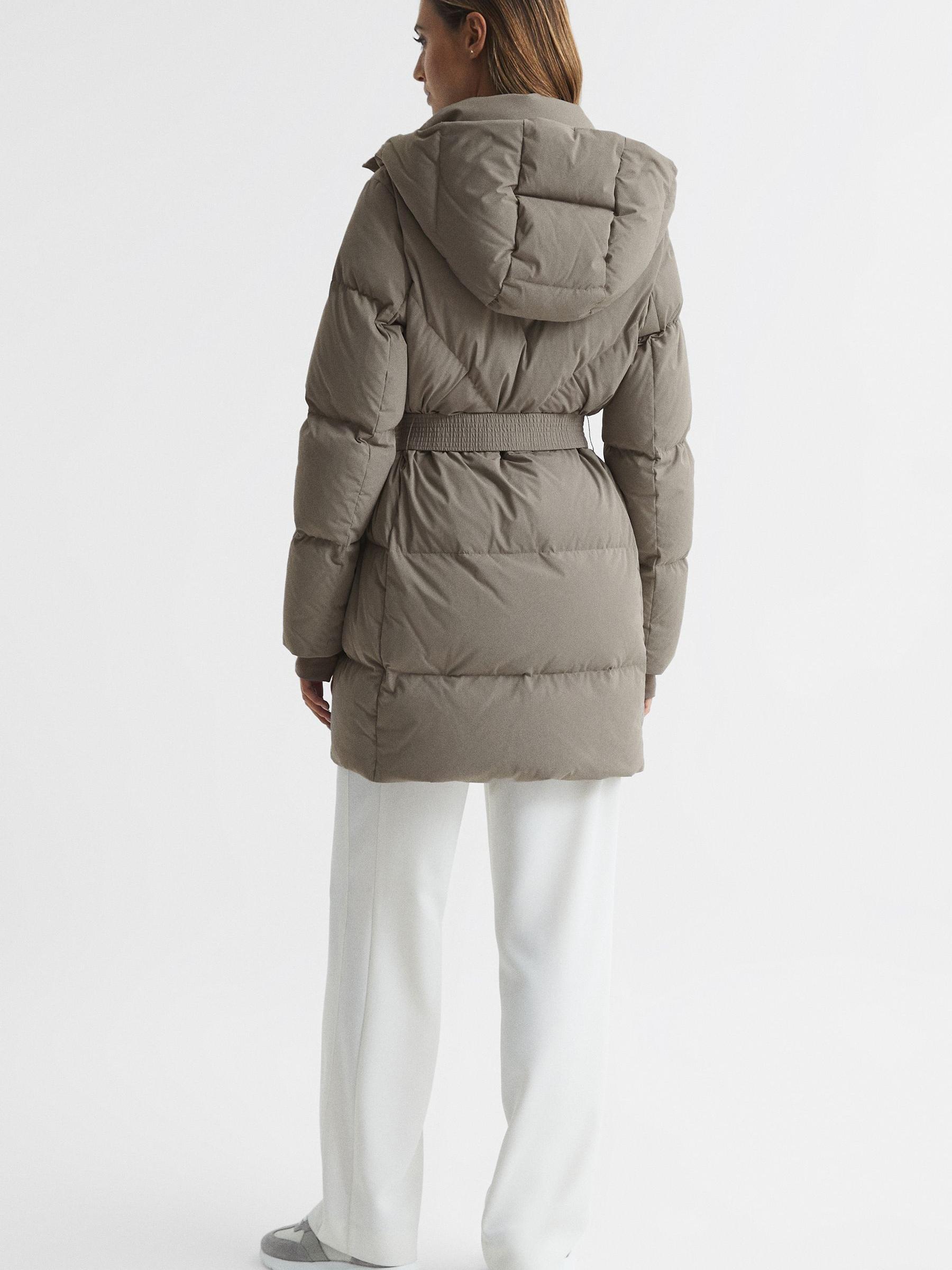 Hooded Mid Length Waisted Puffer Jacket in Mink - Image 5 of 8