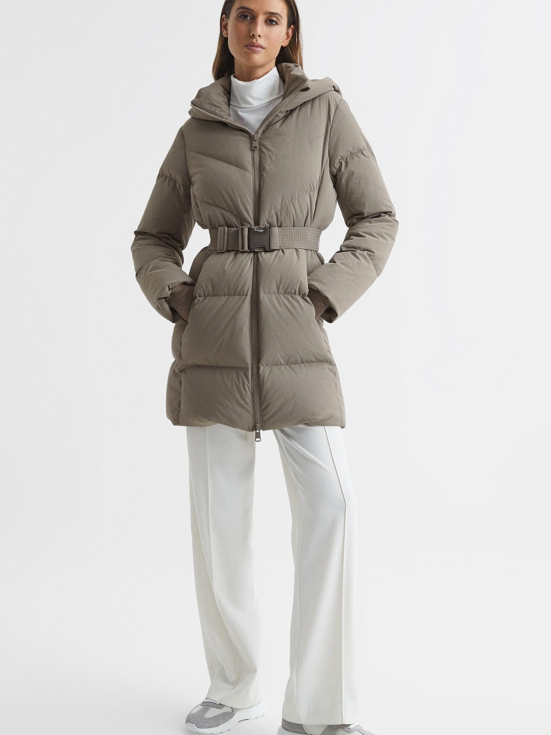 Hooded Mid Length Waisted Puffer Jacket in Mink - Image 6 of 8
