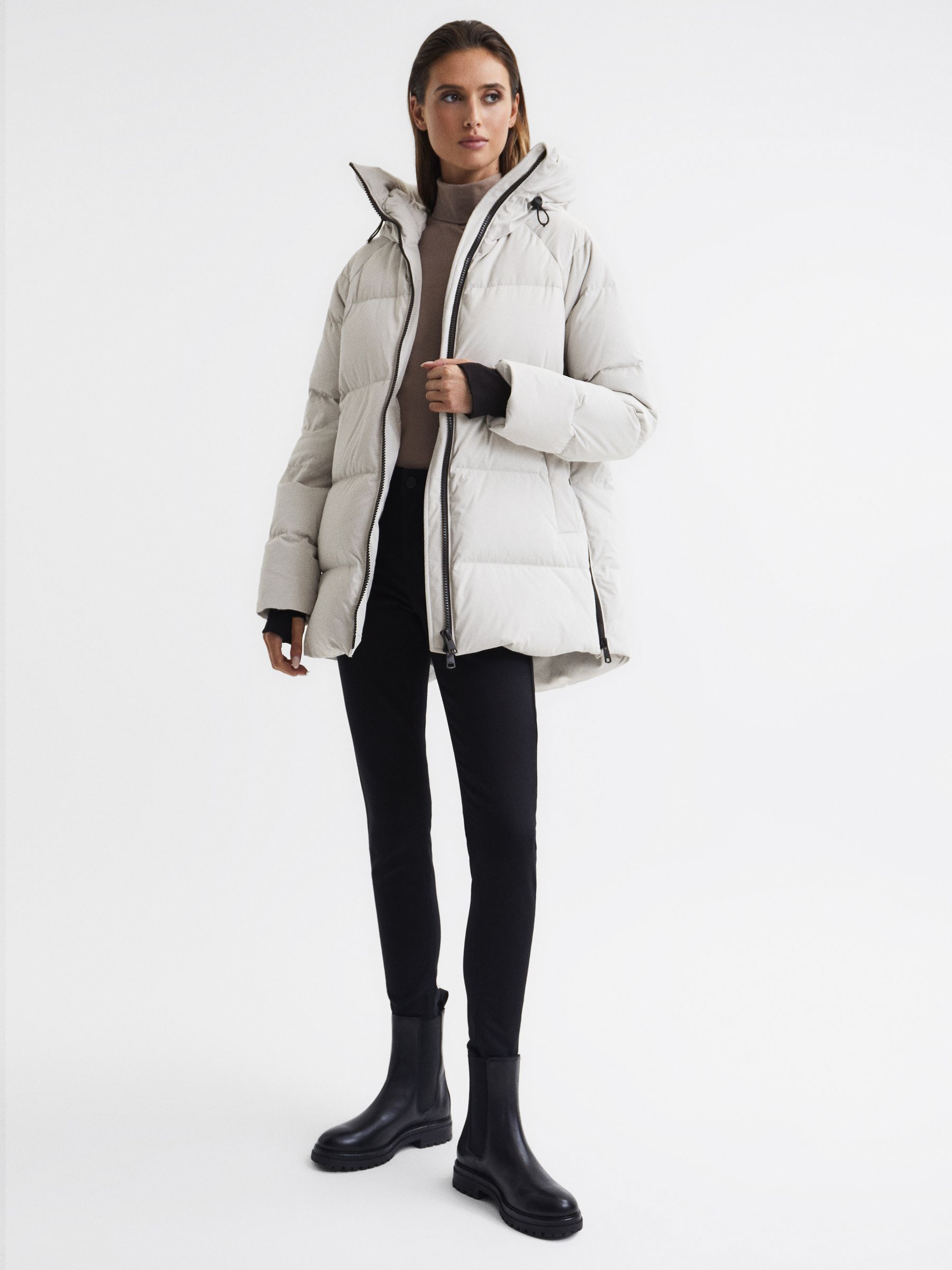 Mid Length Water Repellent Puffer Coat in Neutral - Image 3 of 8