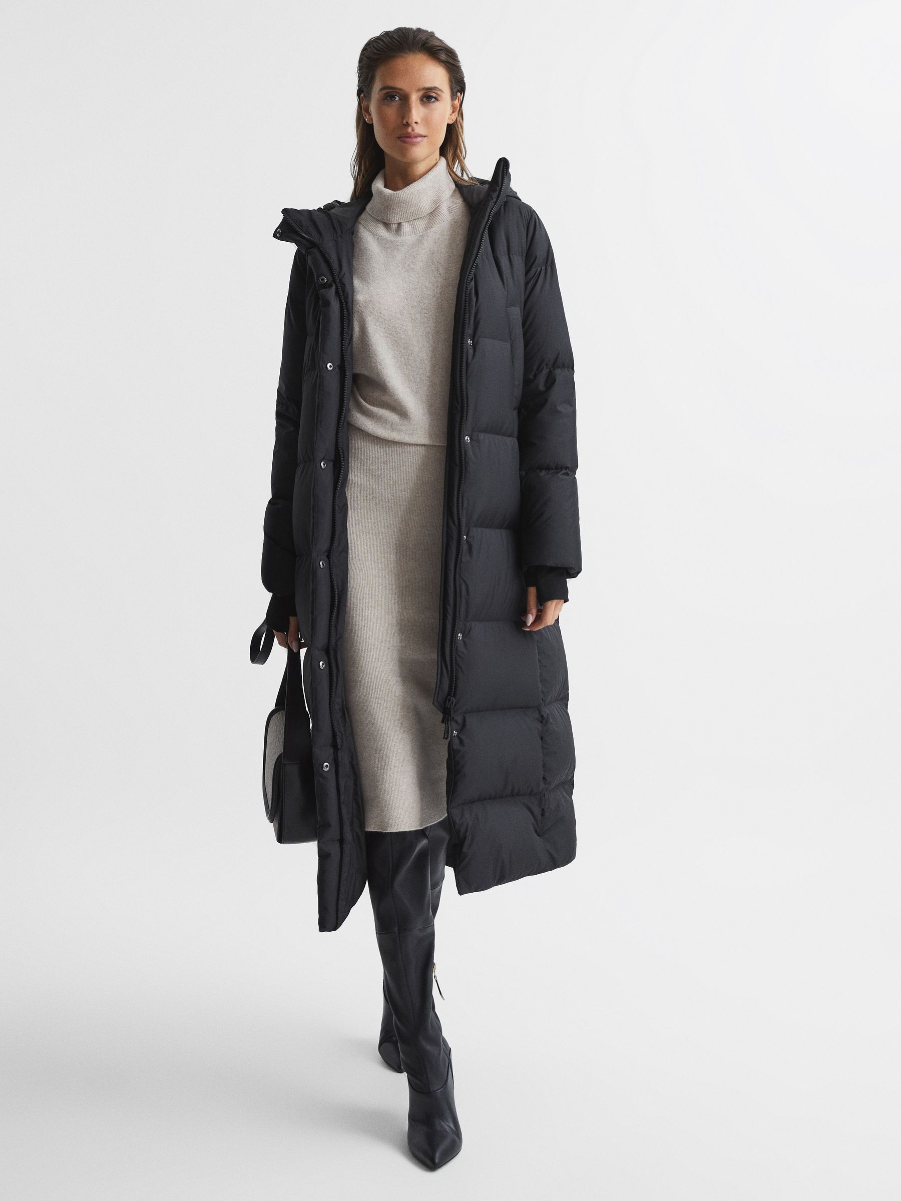 Longline Hooded Puffer Coat in Black - Image 1 of 9
