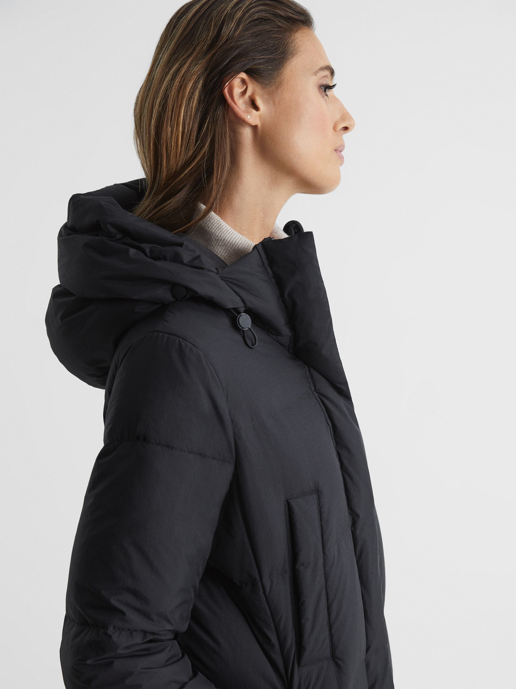 Longline Hooded Puffer Coat in Black - Image 4 of 9