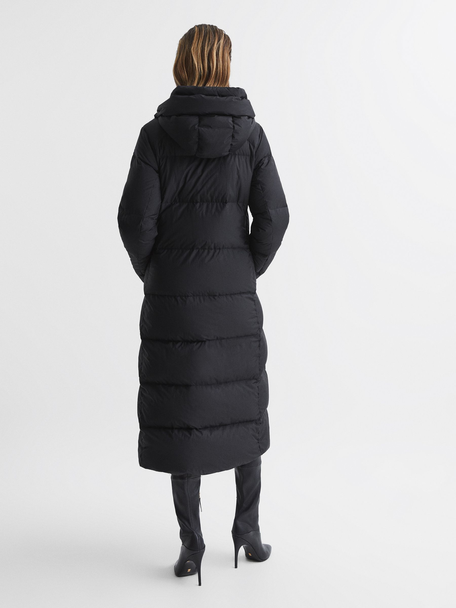 Longline Hooded Puffer Coat in Black - Image 5 of 9