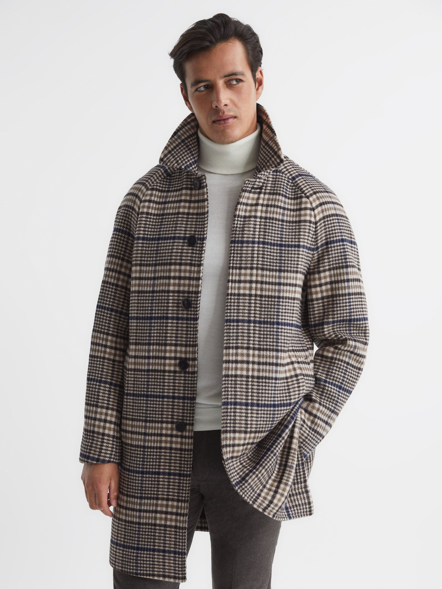 Wool Blend Raglan Check Coat in Brown Check - Image 1 of 7 Wool Blend Raglan Check Coat in Brown Check - Image 1 of 7