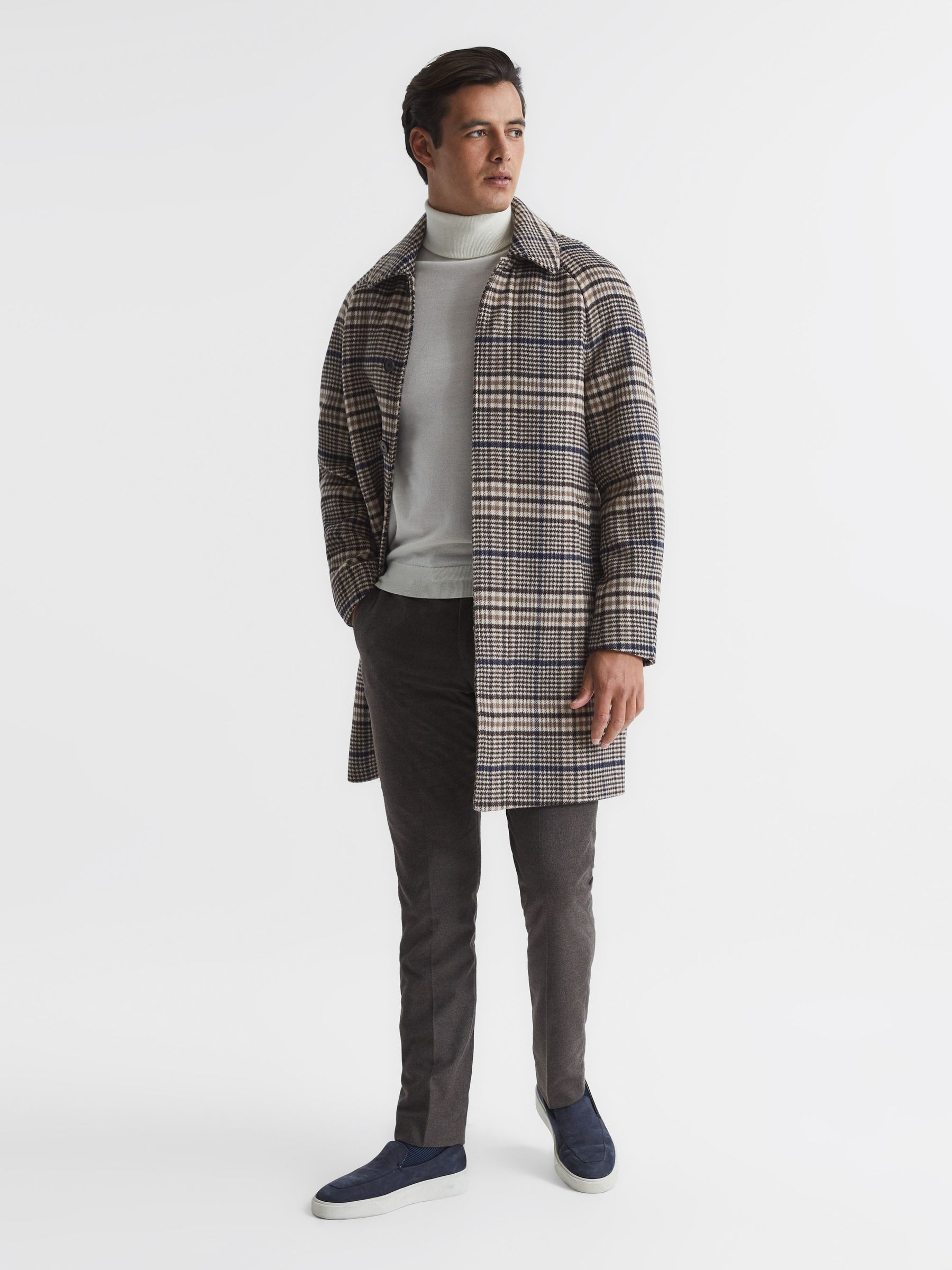 Wool Blend Raglan Check Coat in Brown Check - Image 3 of 7