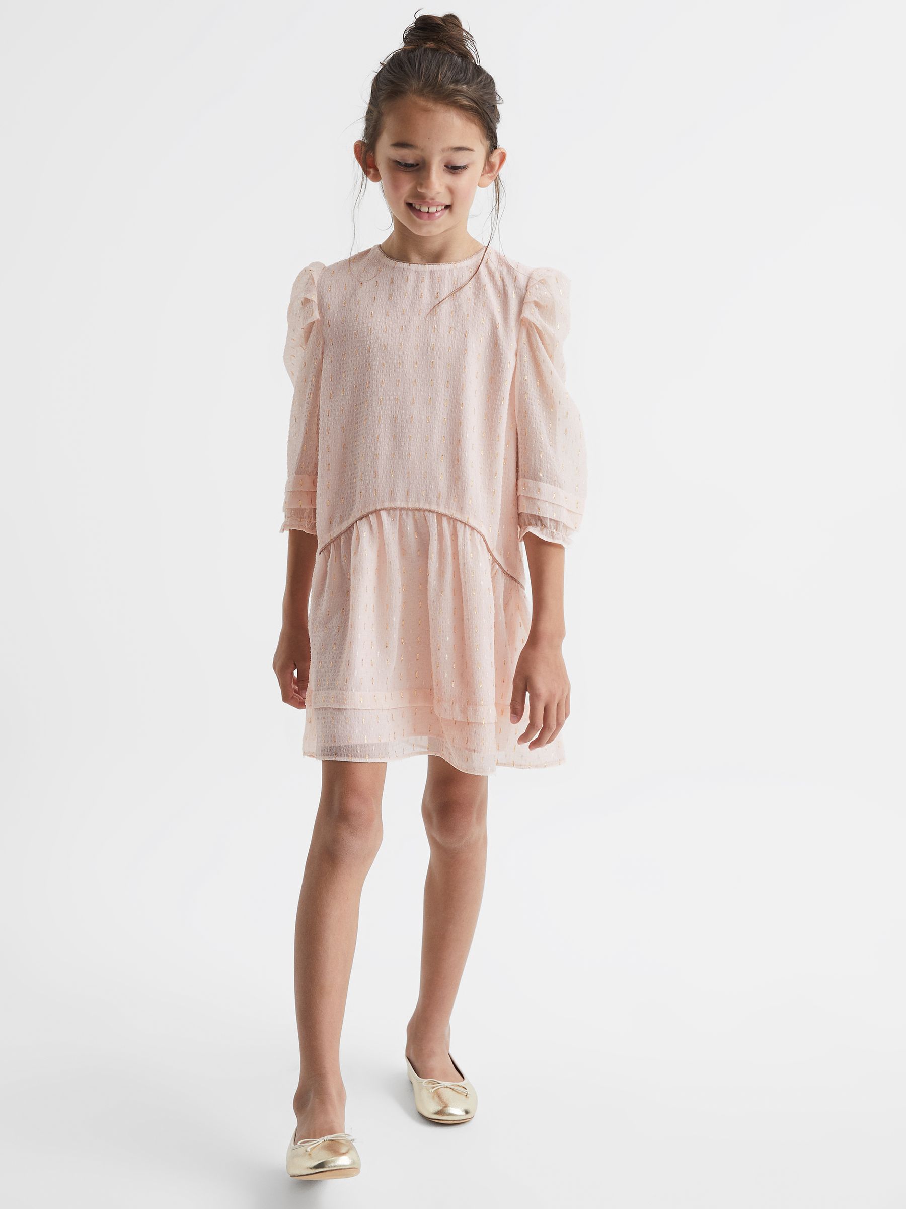 4-9 yrs Ruched Shoulder Metallic Detail Dress in Pink - Image 1 of 7 4-9 yrs Ruched Shoulder Metallic Detail Dress in Pink - Image 1 of 7
