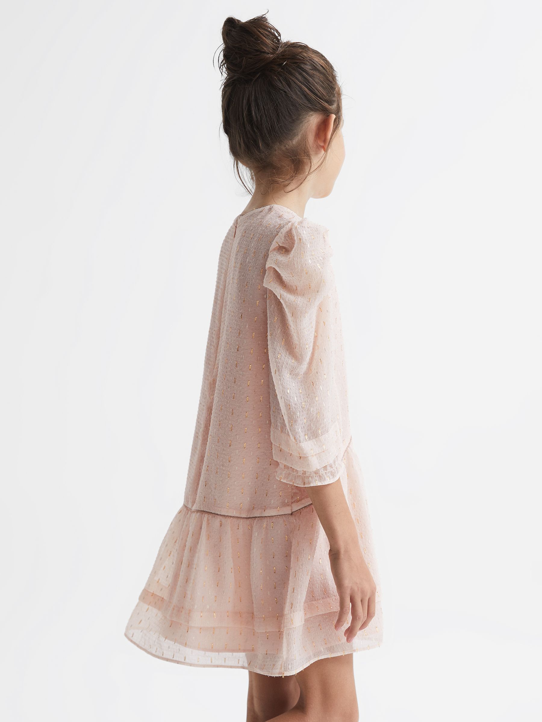 4-9 yrs Ruched Shoulder Metallic Detail Dress in Pink - Image 4 of 7