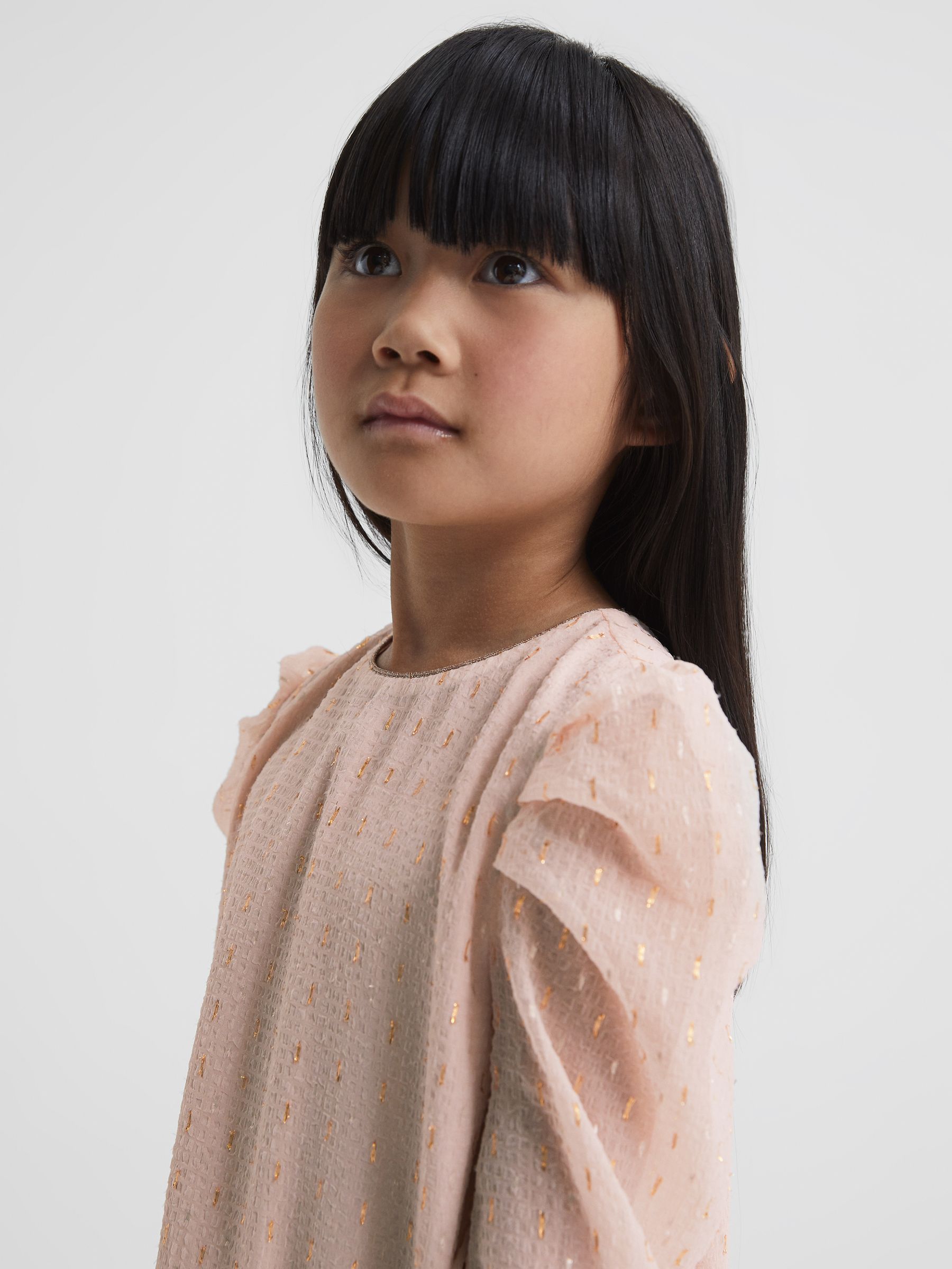 4-9 yrs Ruched Shoulder Metallic Detail Dress in Pink - Image 6 of 7