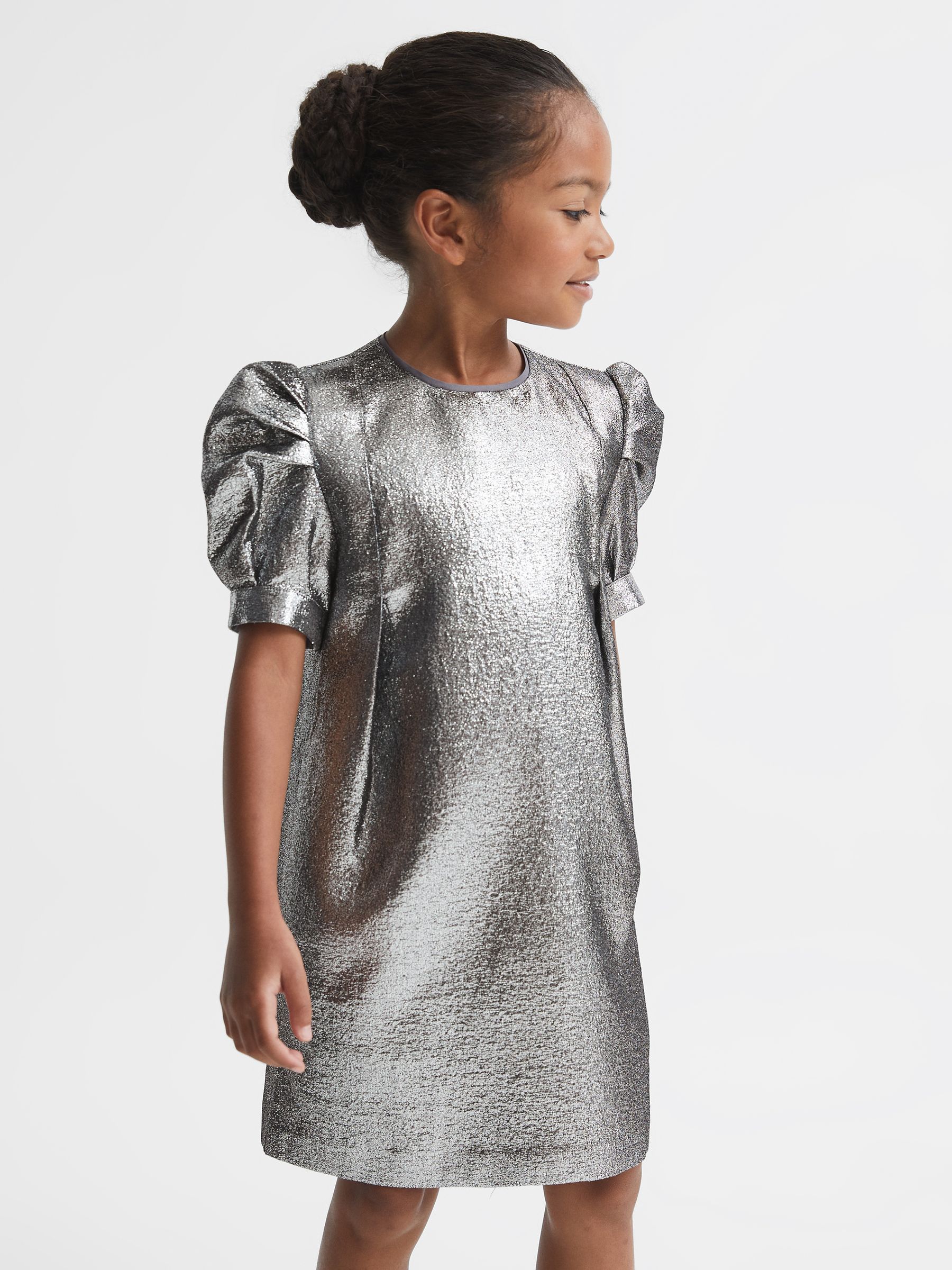 4-9 yrs Metallic Shoulder Detail Dress in Silver - Image 1 of 6