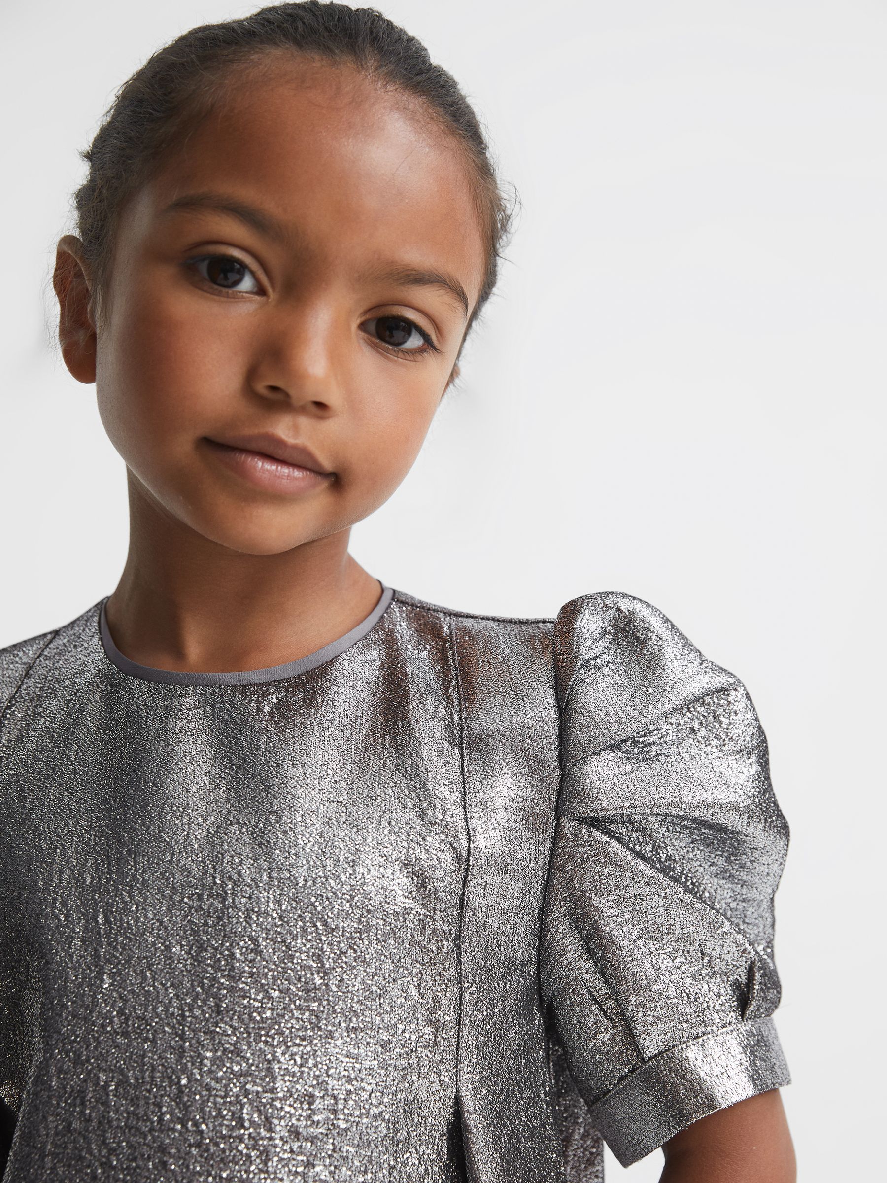 4-9 yrs Metallic Shoulder Detail Dress in Silver - Image 3 of 6
