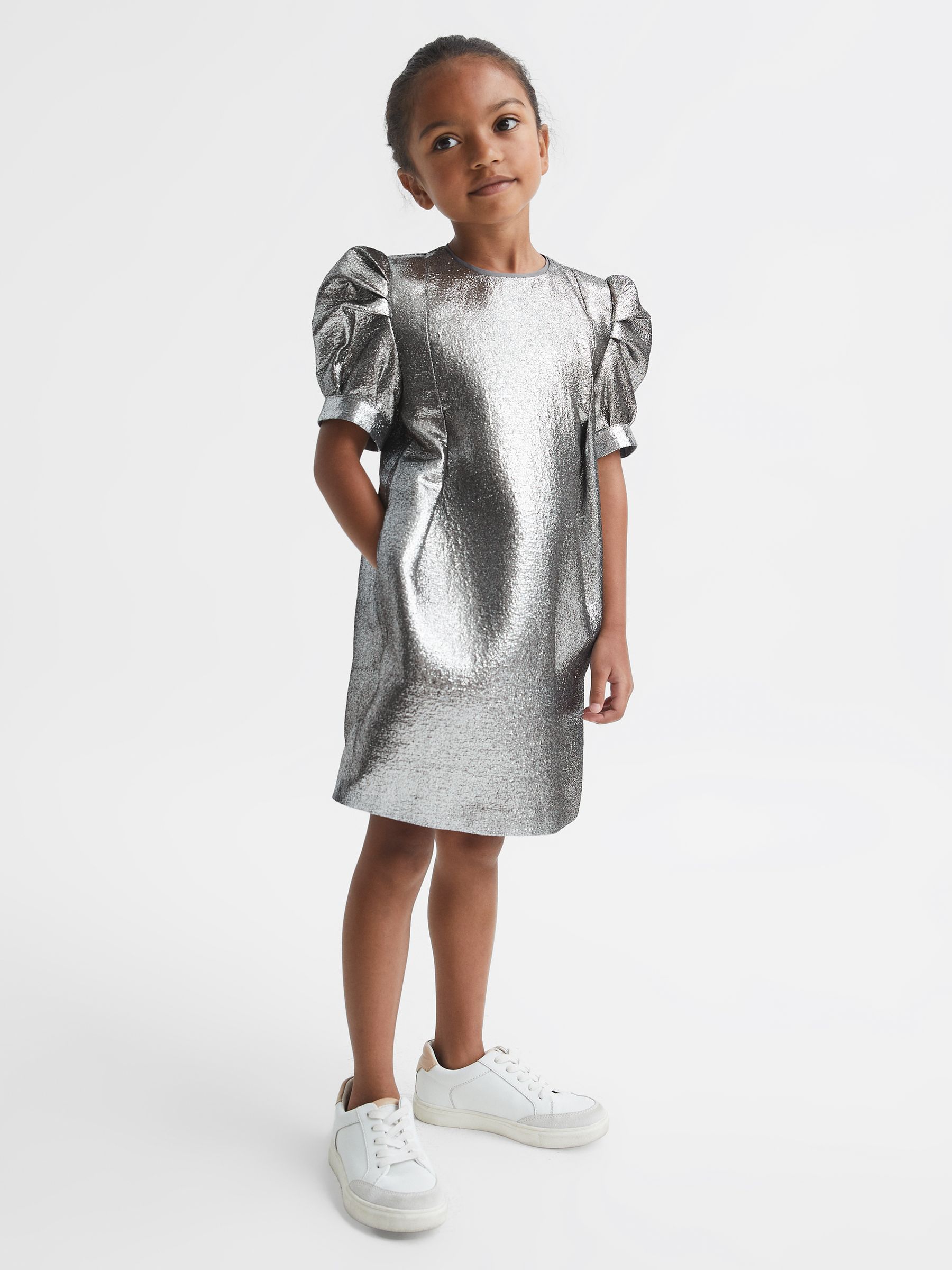 4-9 yrs Metallic Shoulder Detail Dress in Silver - Image 4 of 6
