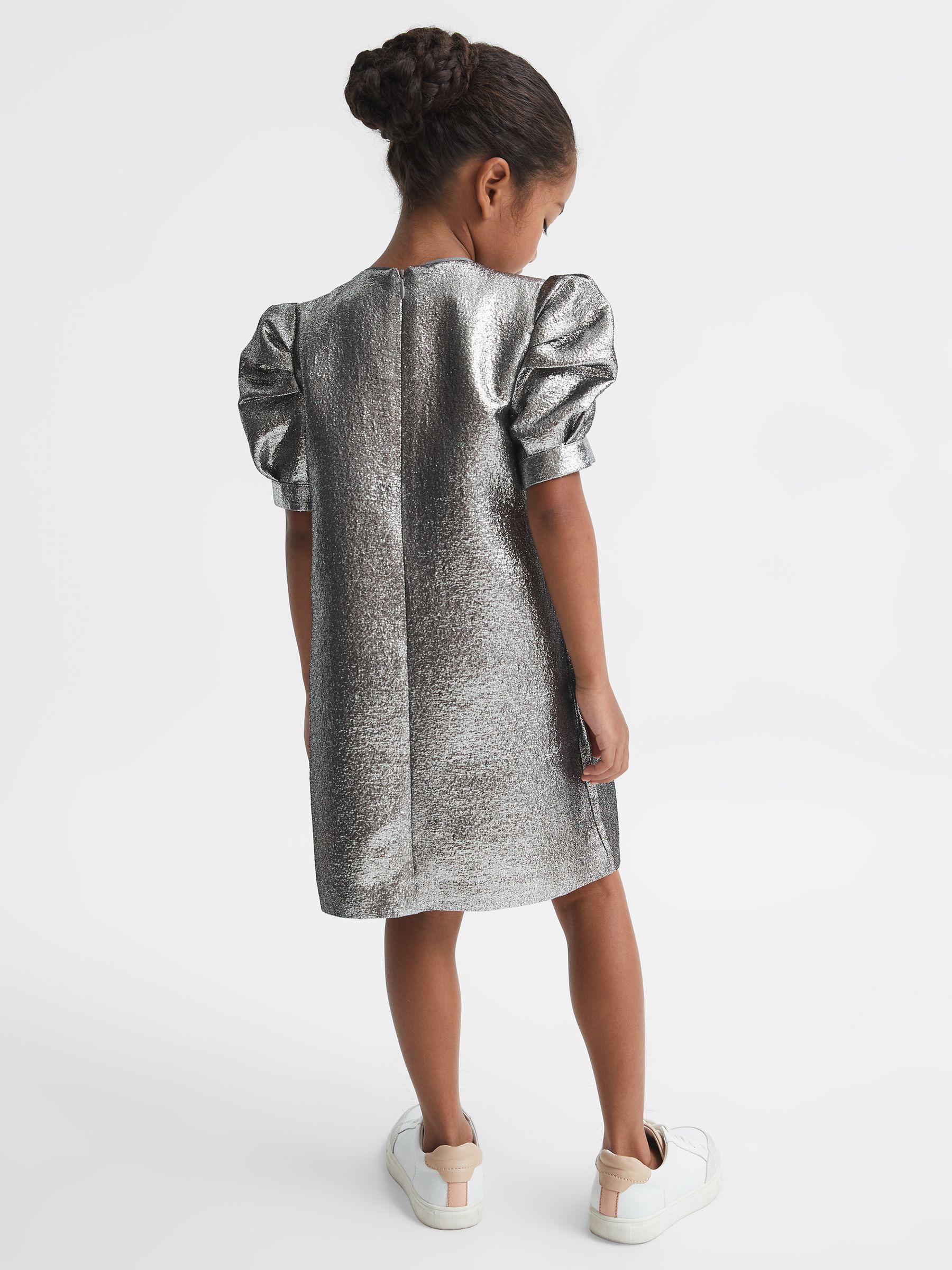 4-9 yrs Metallic Shoulder Detail Dress in Silver - Image 5 of 6