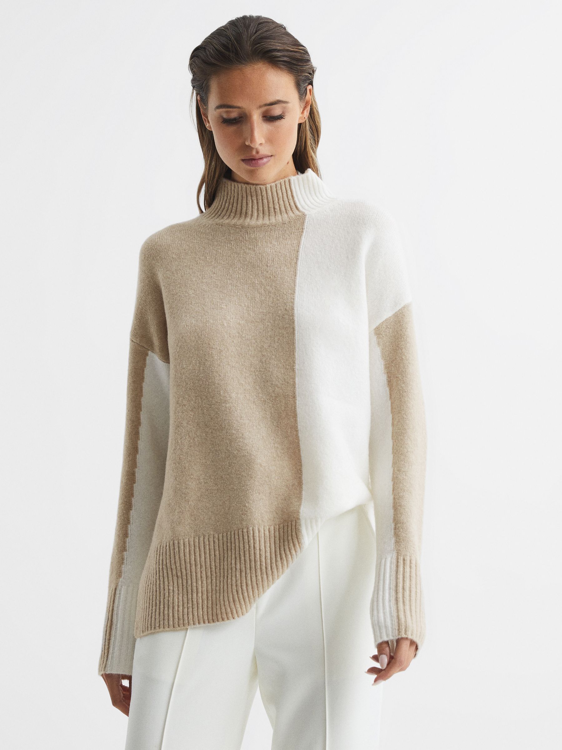 Colourblock High Neck Jumper in Oatmeal/Cream - Image 1 of 7 Colourblock High Neck Jumper in Oatmeal/Cream - Image 1 of 7