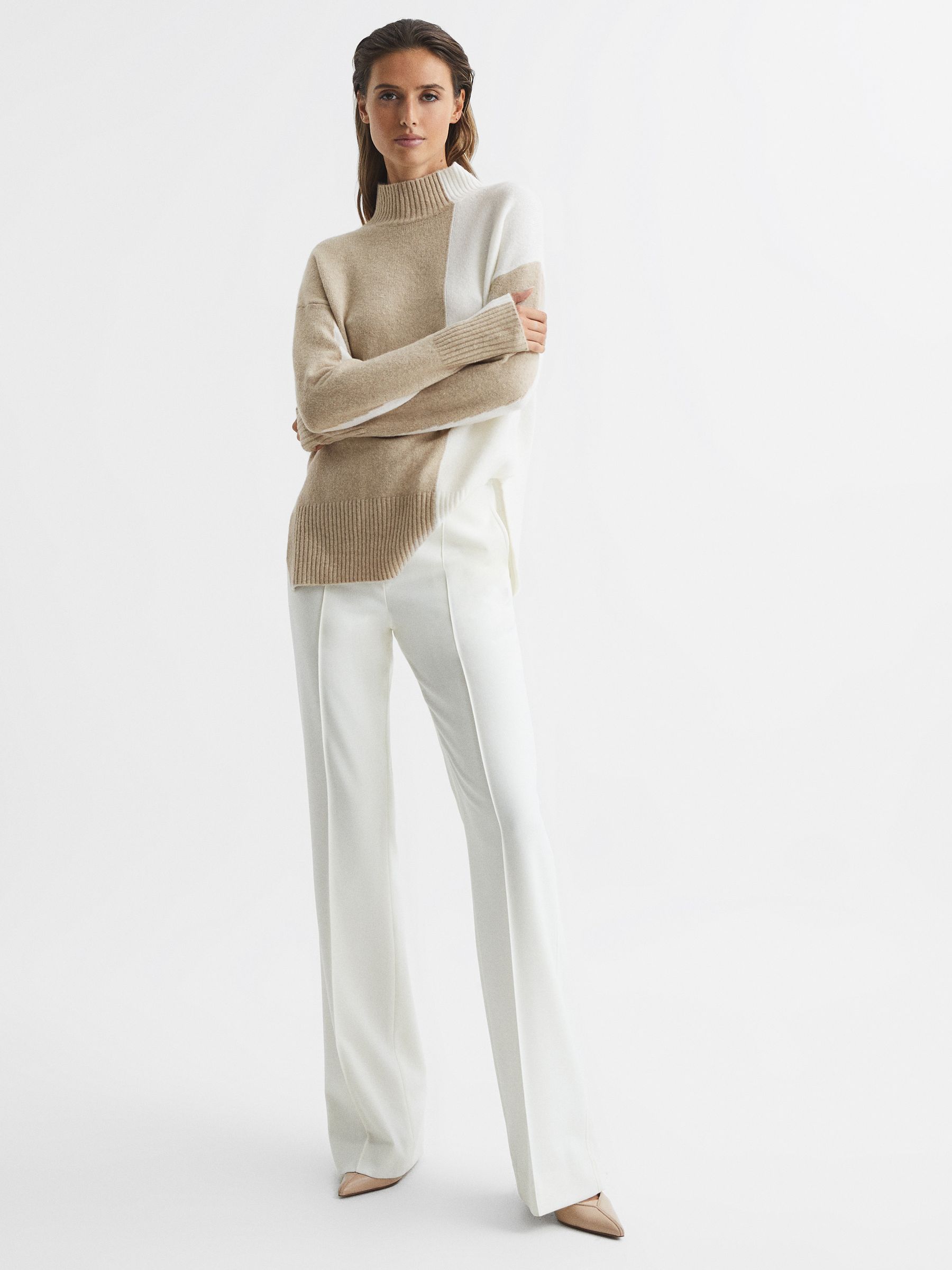 Colourblock High Neck Jumper in Oatmeal/Cream - Image 3 of 7