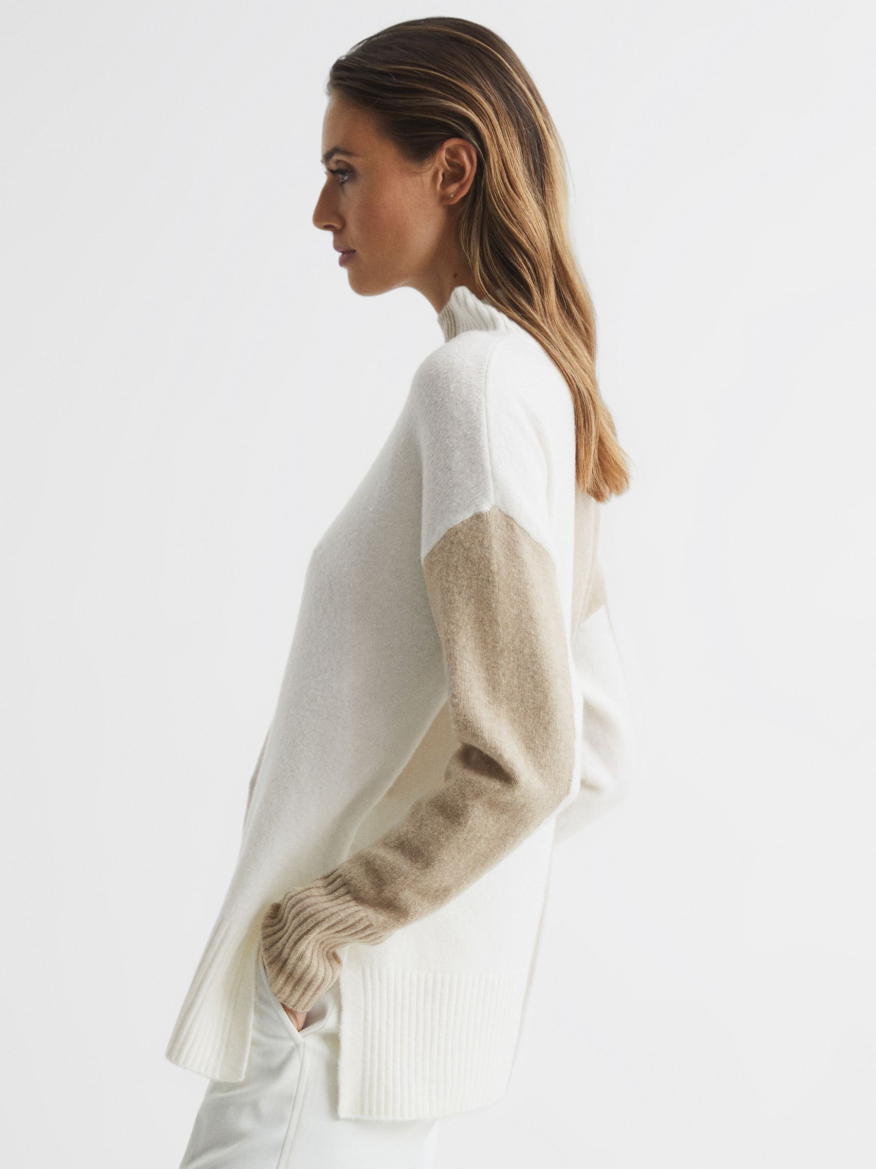 Colourblock High Neck Jumper in Oatmeal/Cream - Image 4 of 7
