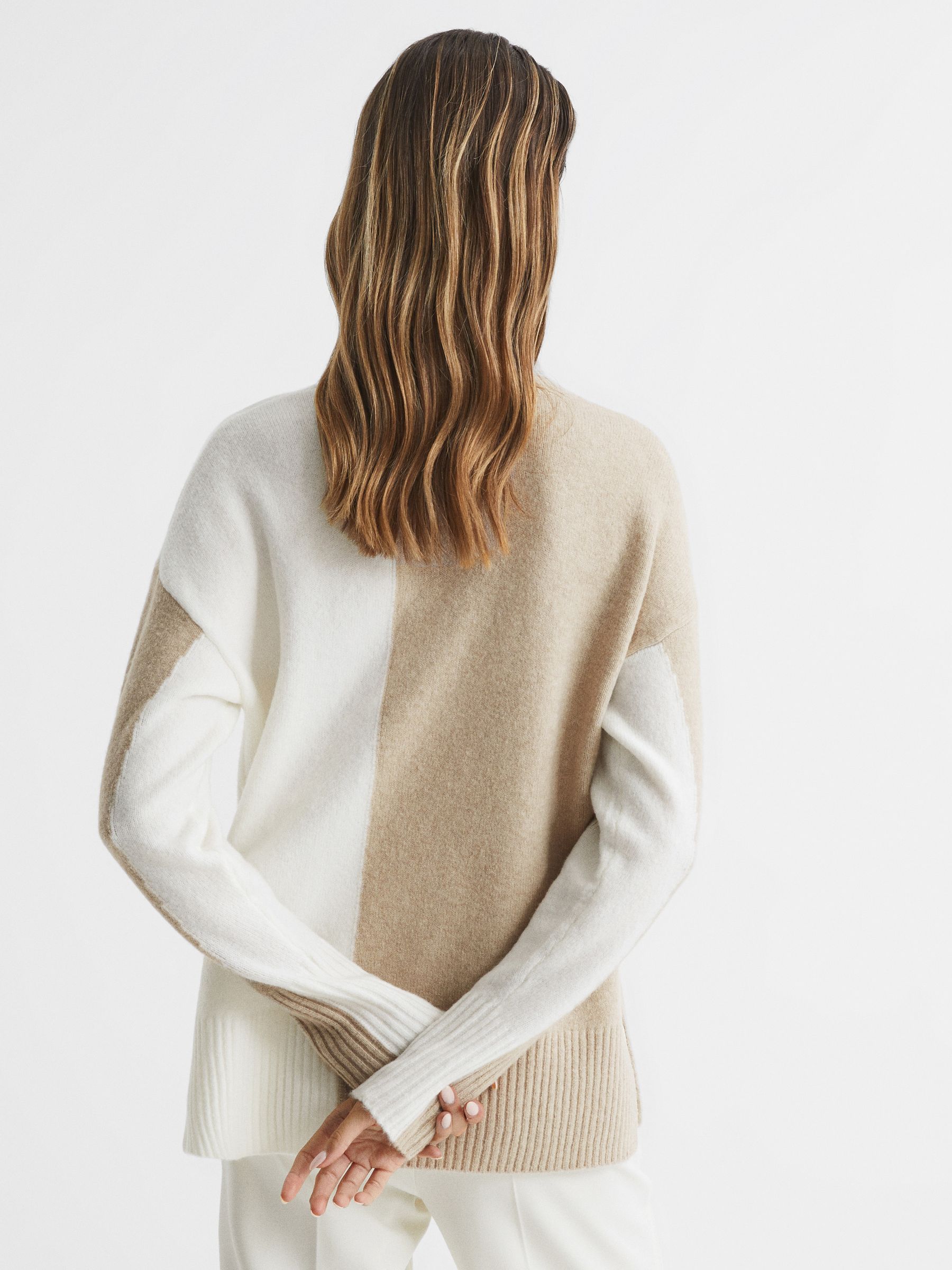 Colourblock High Neck Jumper in Oatmeal/Cream - Image 5 of 7
