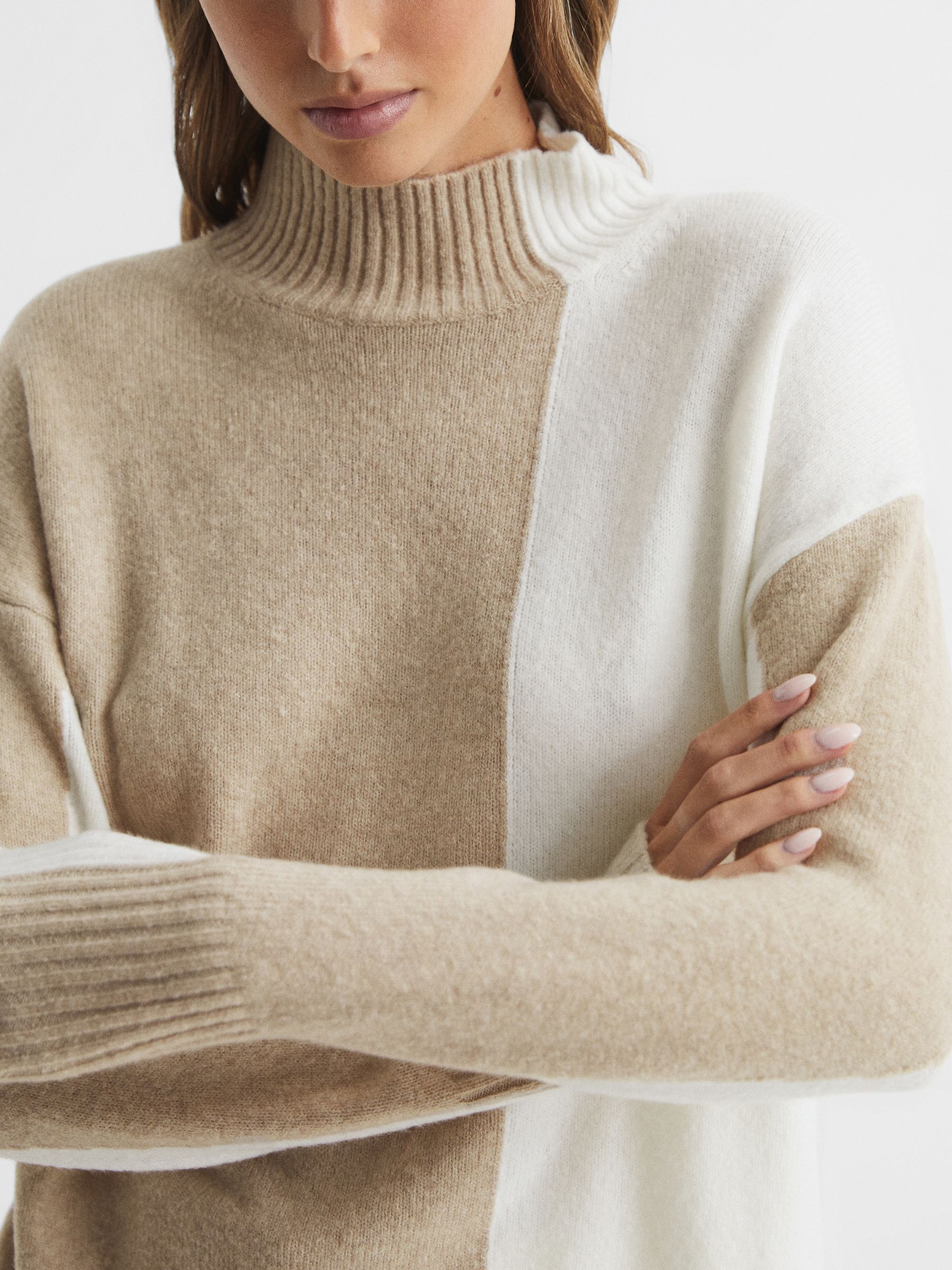 Colourblock High Neck Jumper in Oatmeal/Cream - Image 6 of 7