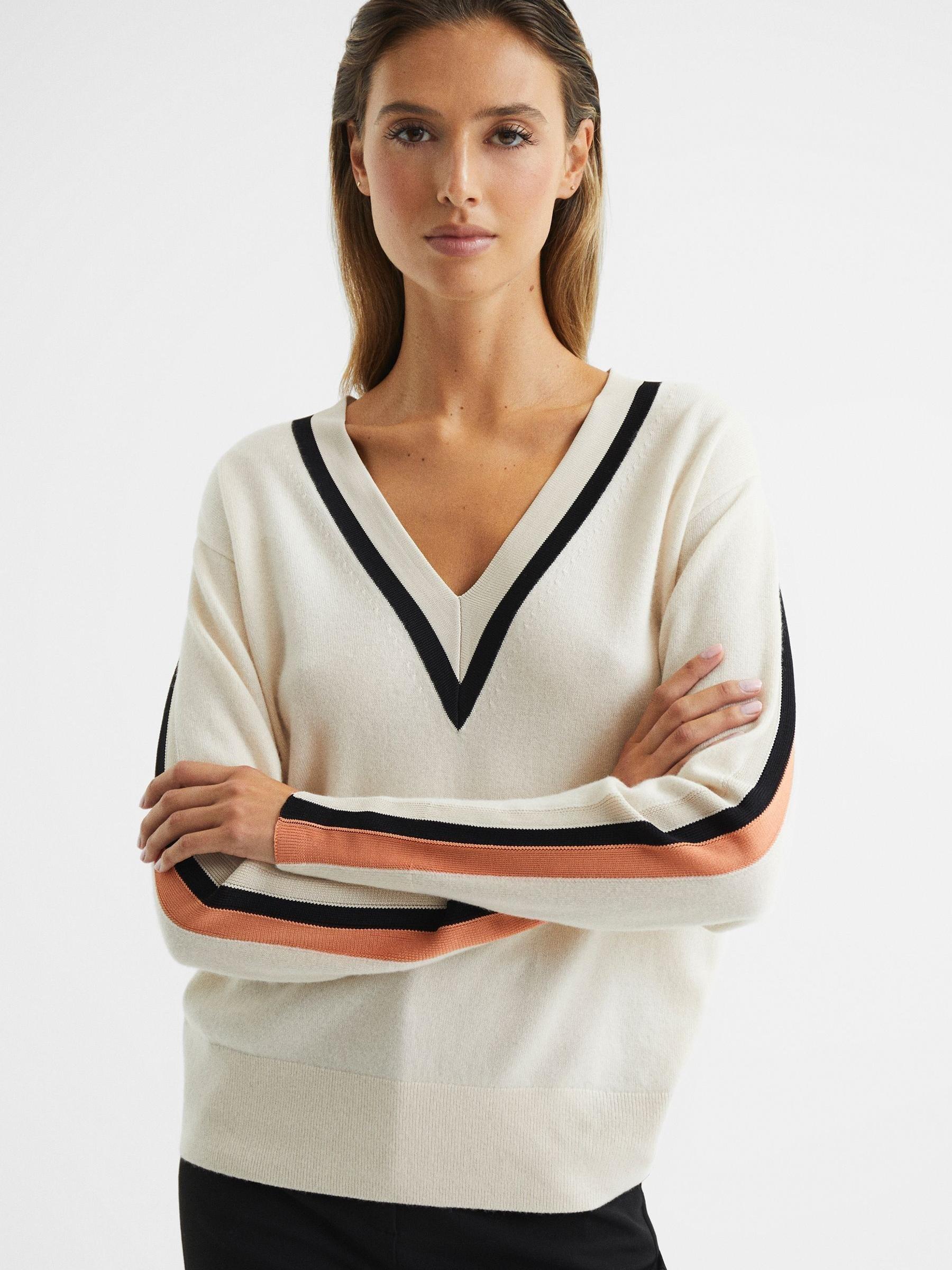 Colourblock Stripe V-Neck Jumper in Camel/Coral - Image 1 of 6
