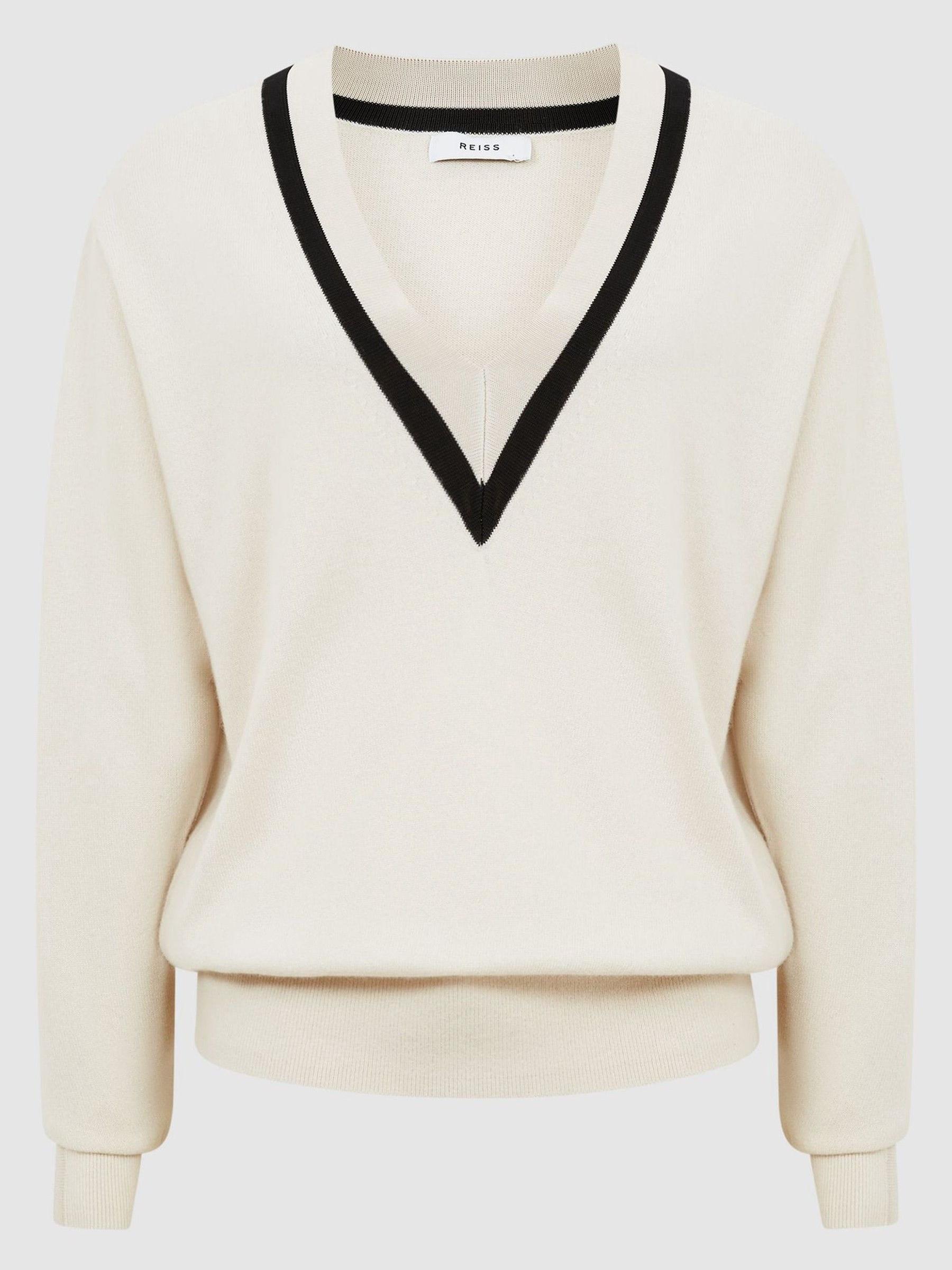 Colourblock Stripe V-Neck Jumper in Camel/Coral - Image 2 of 6