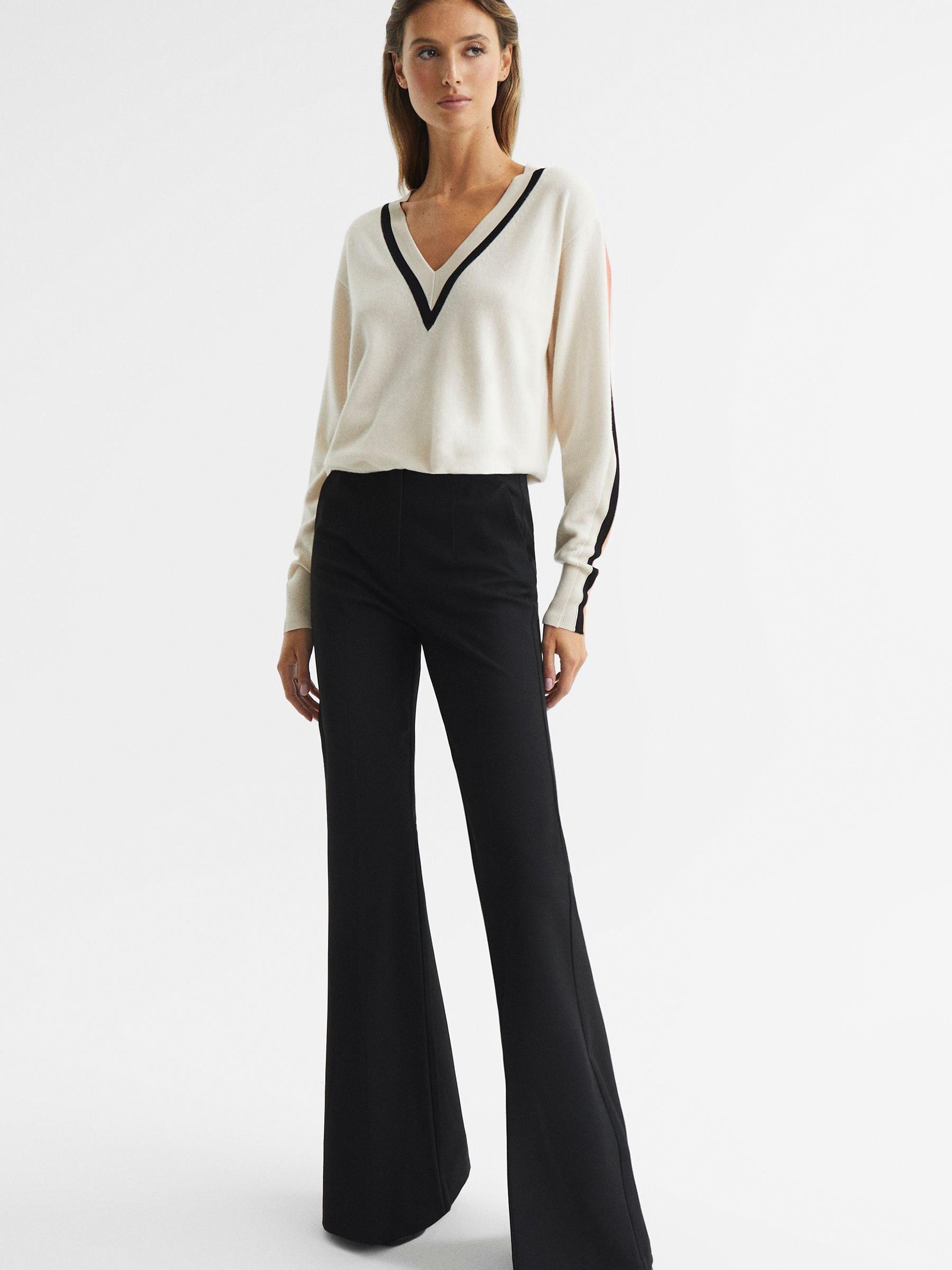 Colourblock Stripe V-Neck Jumper in Camel/Coral - Image 3 of 6