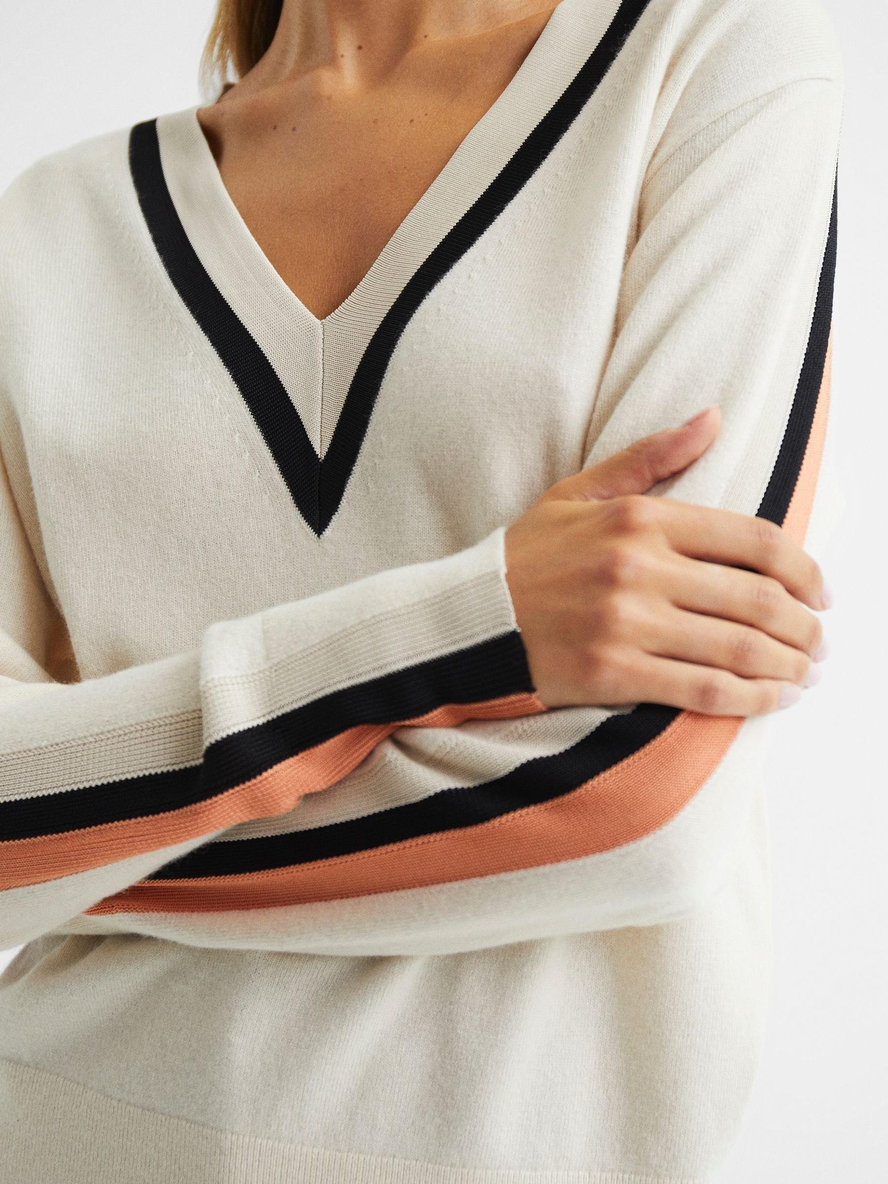 Colourblock Stripe V-Neck Jumper in Camel/Coral - Image 4 of 6