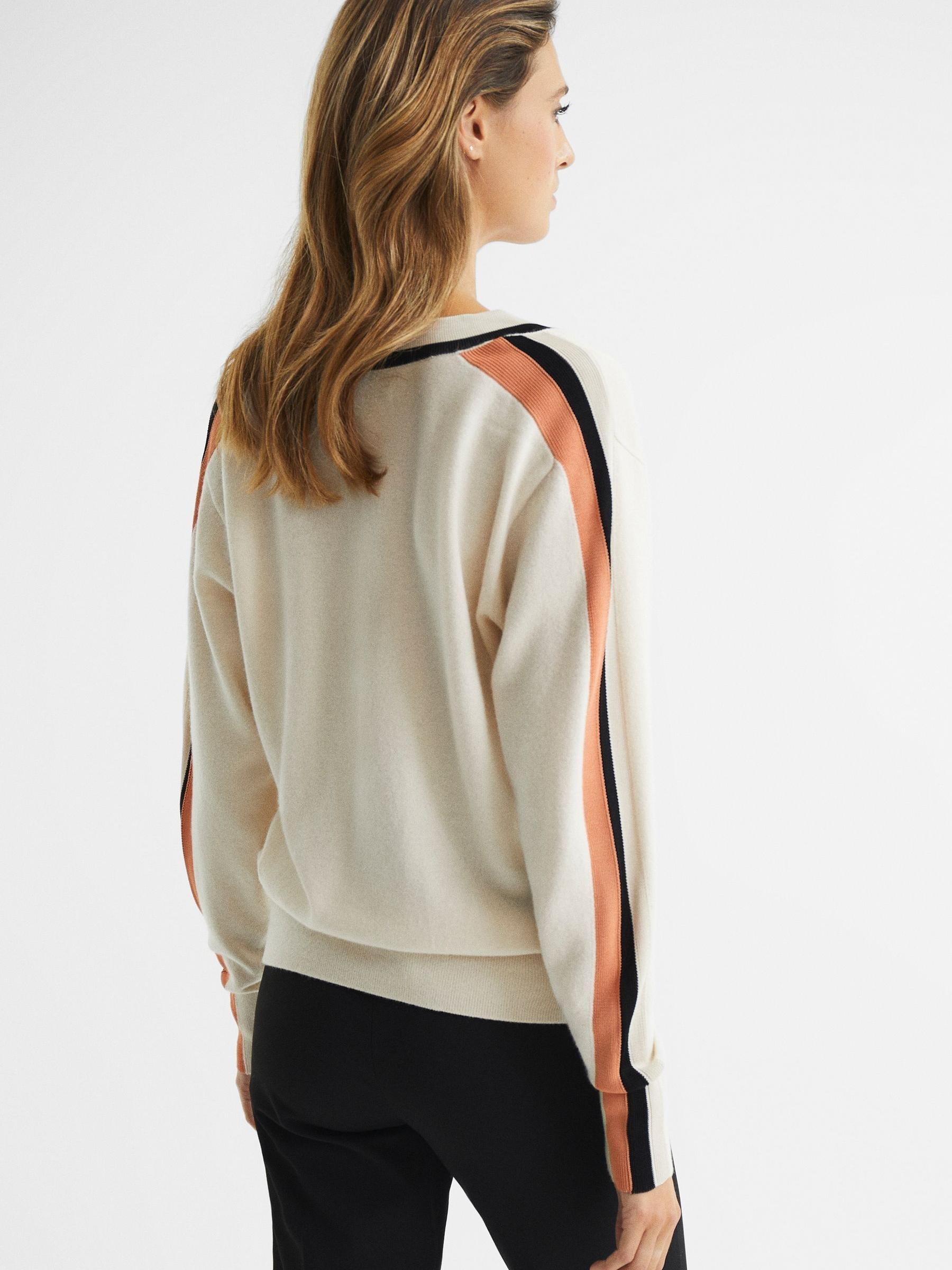 Colourblock Stripe V-Neck Jumper in Camel/Coral - Image 5 of 6