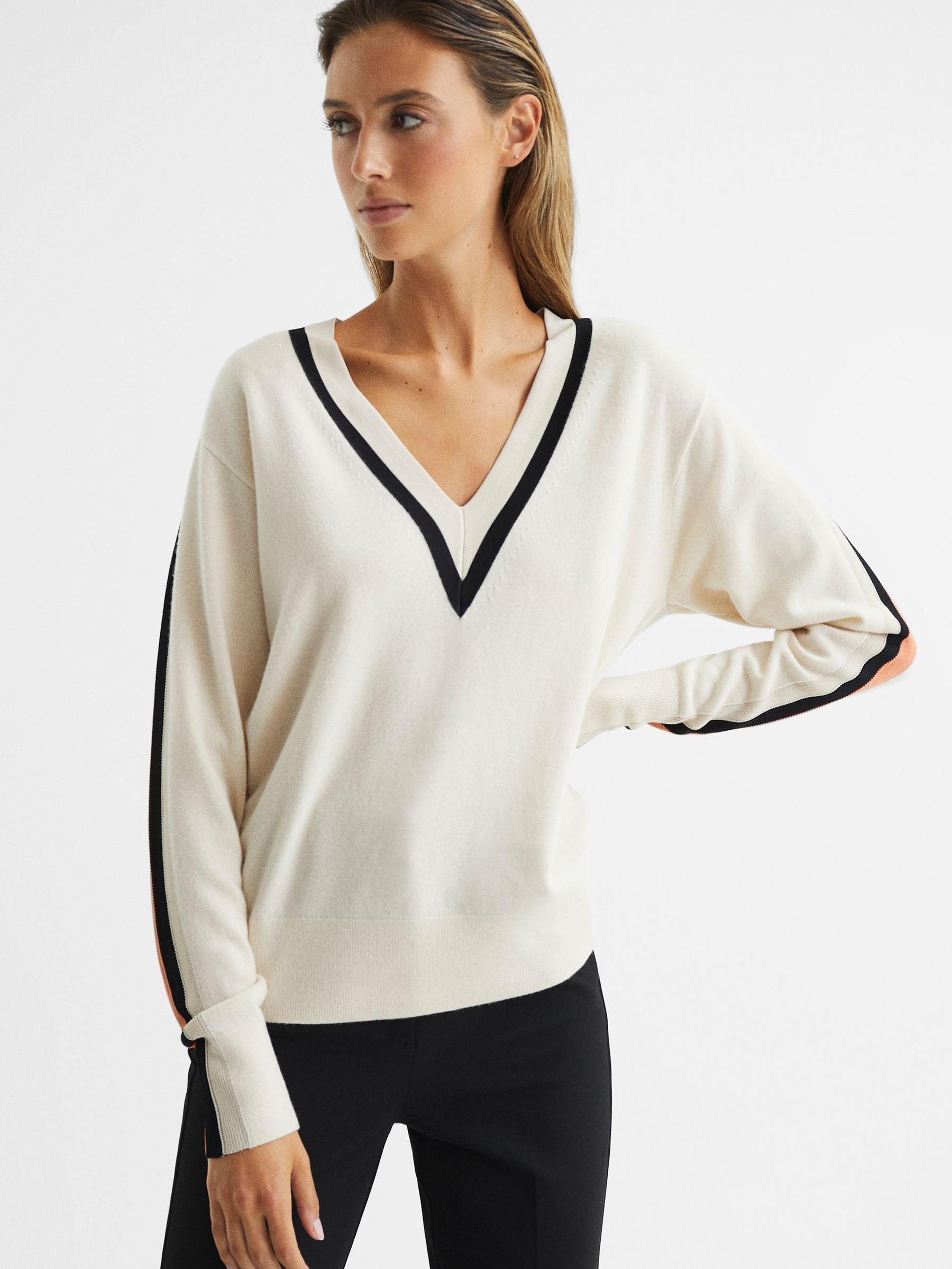 Colourblock Stripe V-Neck Jumper in Camel/Coral - Image 6 of 6