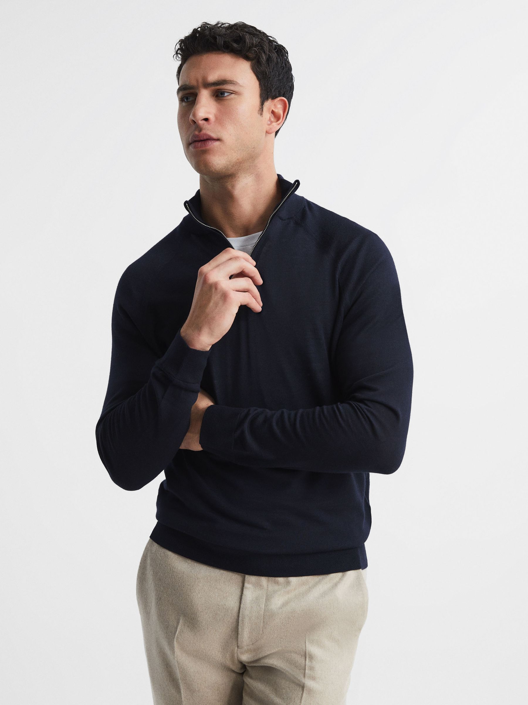 Merino Silk Slim Fit Zip Neck Jumper in Navy - Image 1 of 1