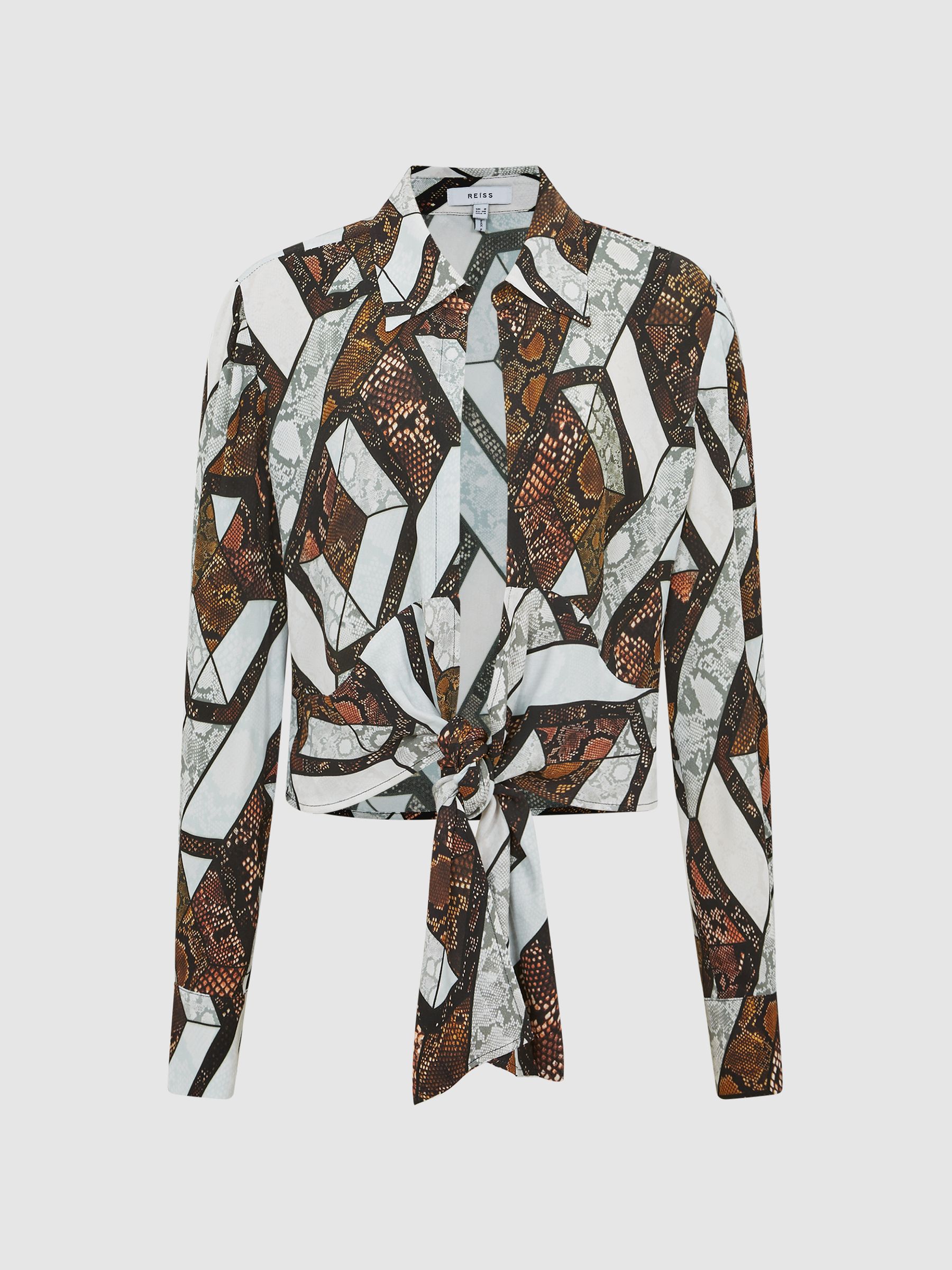 Snake Print Tie Blouse in Brown - Image 2 of 6