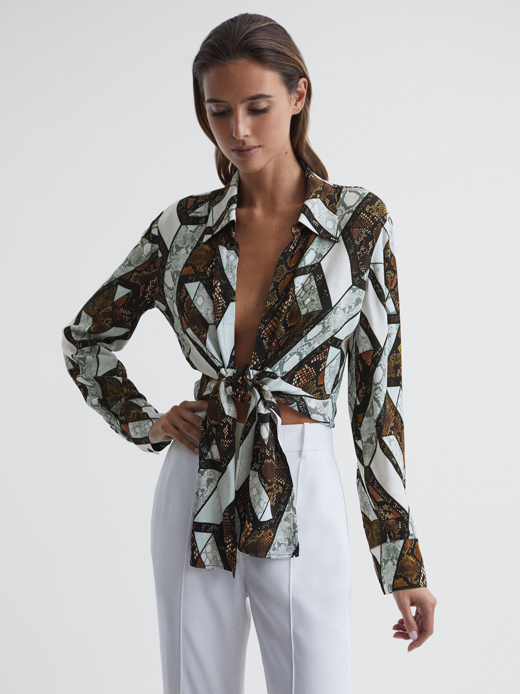 Snake Print Tie Blouse in Brown - Image 4 of 6