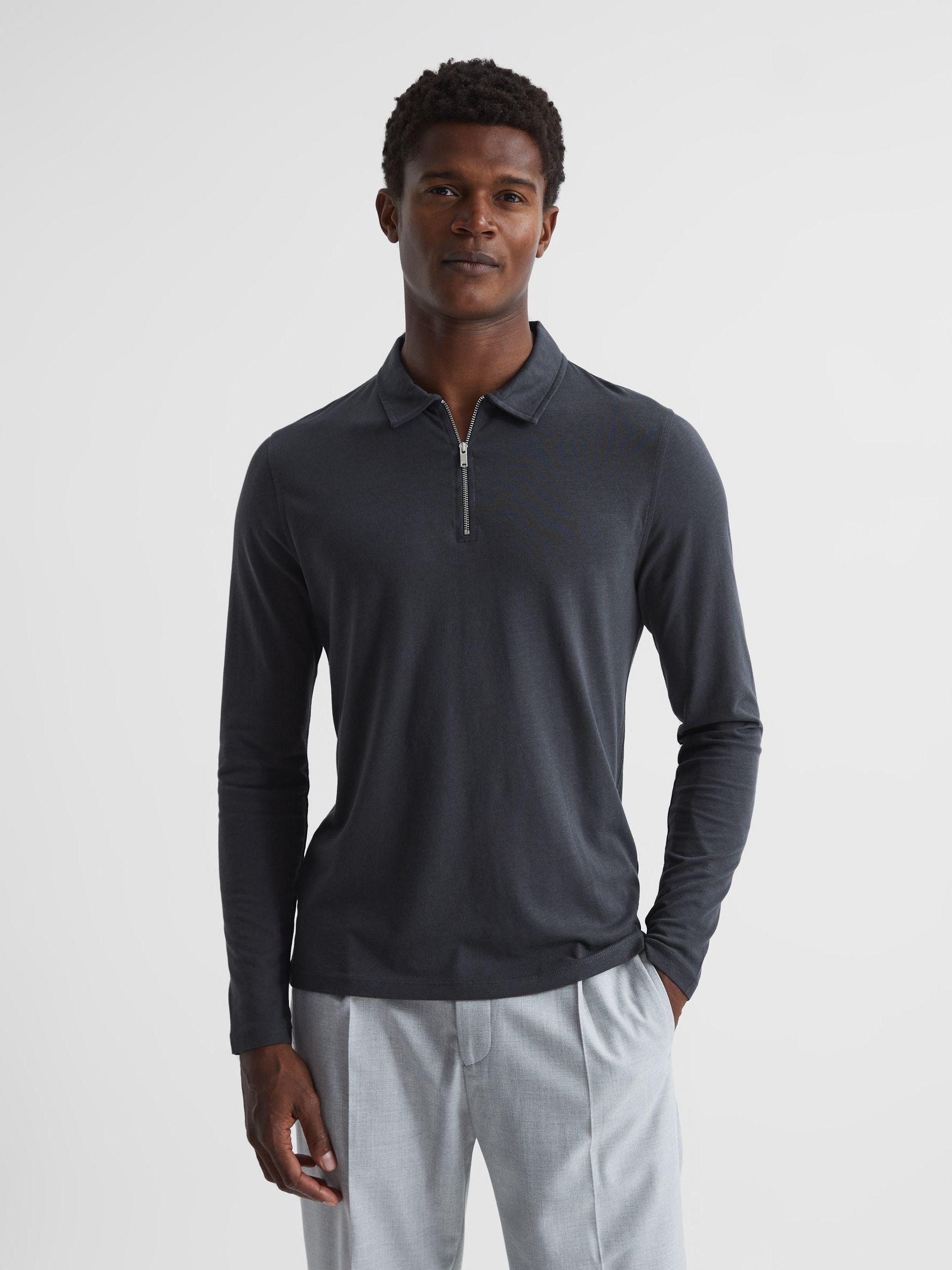 Textured Half Zip Long Sleeve Polo Shirt in Slate Grey - Image 1 of 6
