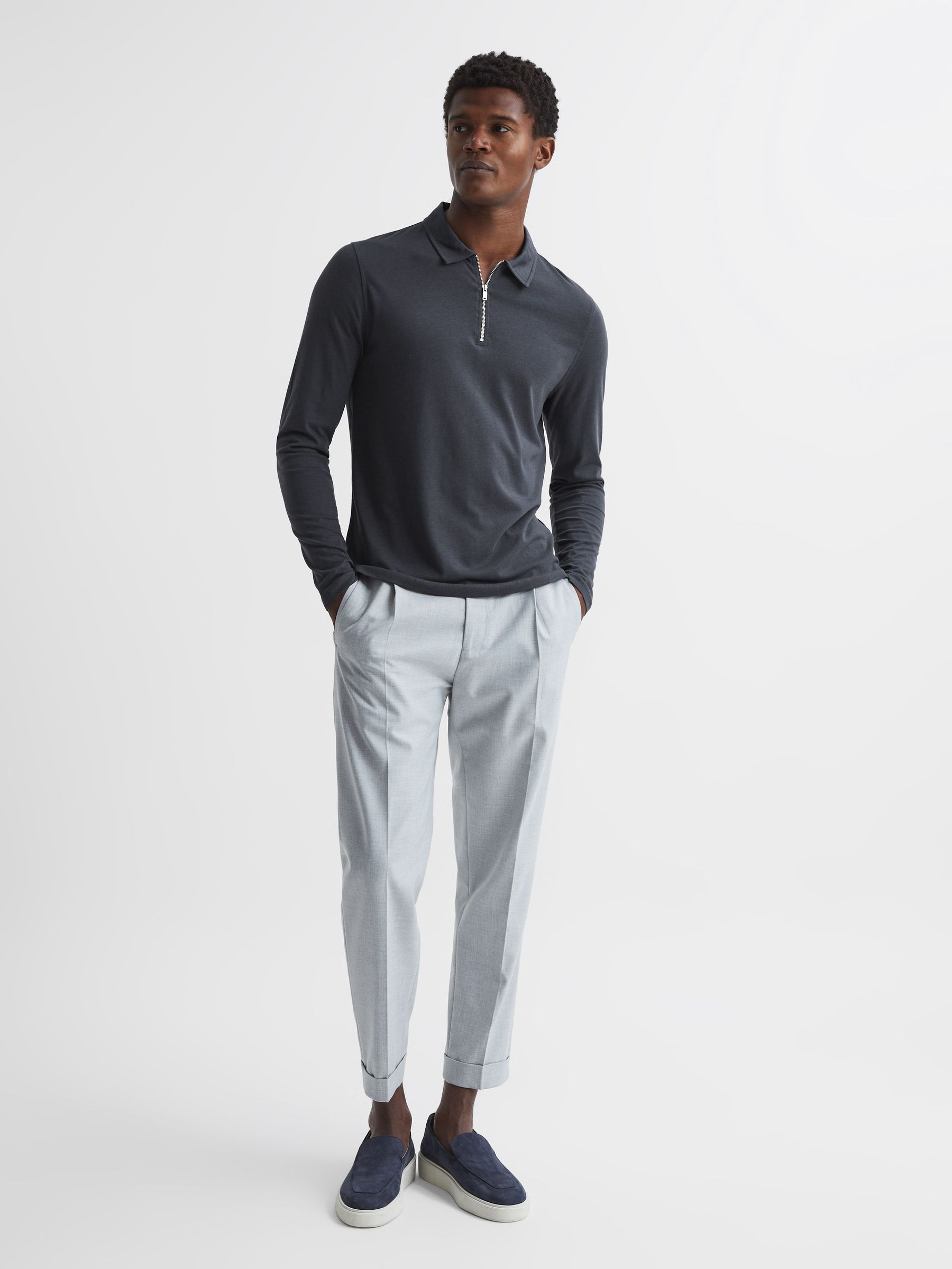 Textured Half Zip Long Sleeve Polo Shirt in Slate Grey - Image 3 of 6