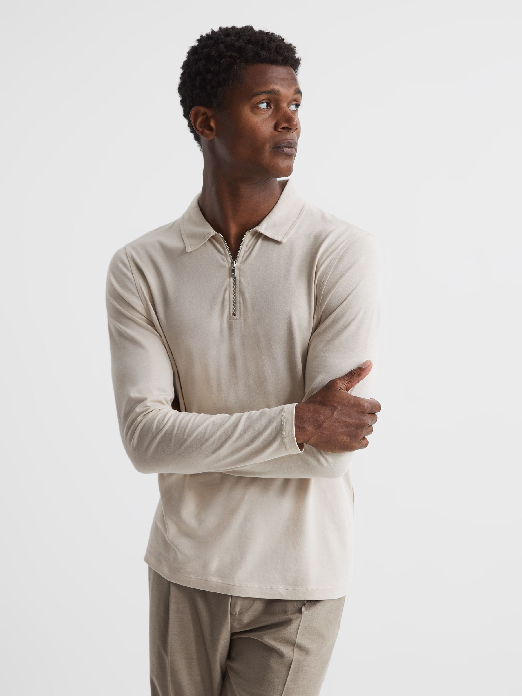 Textured Half Zip Long Sleeve Polo Shirt in Birch White - Image 1 of 6