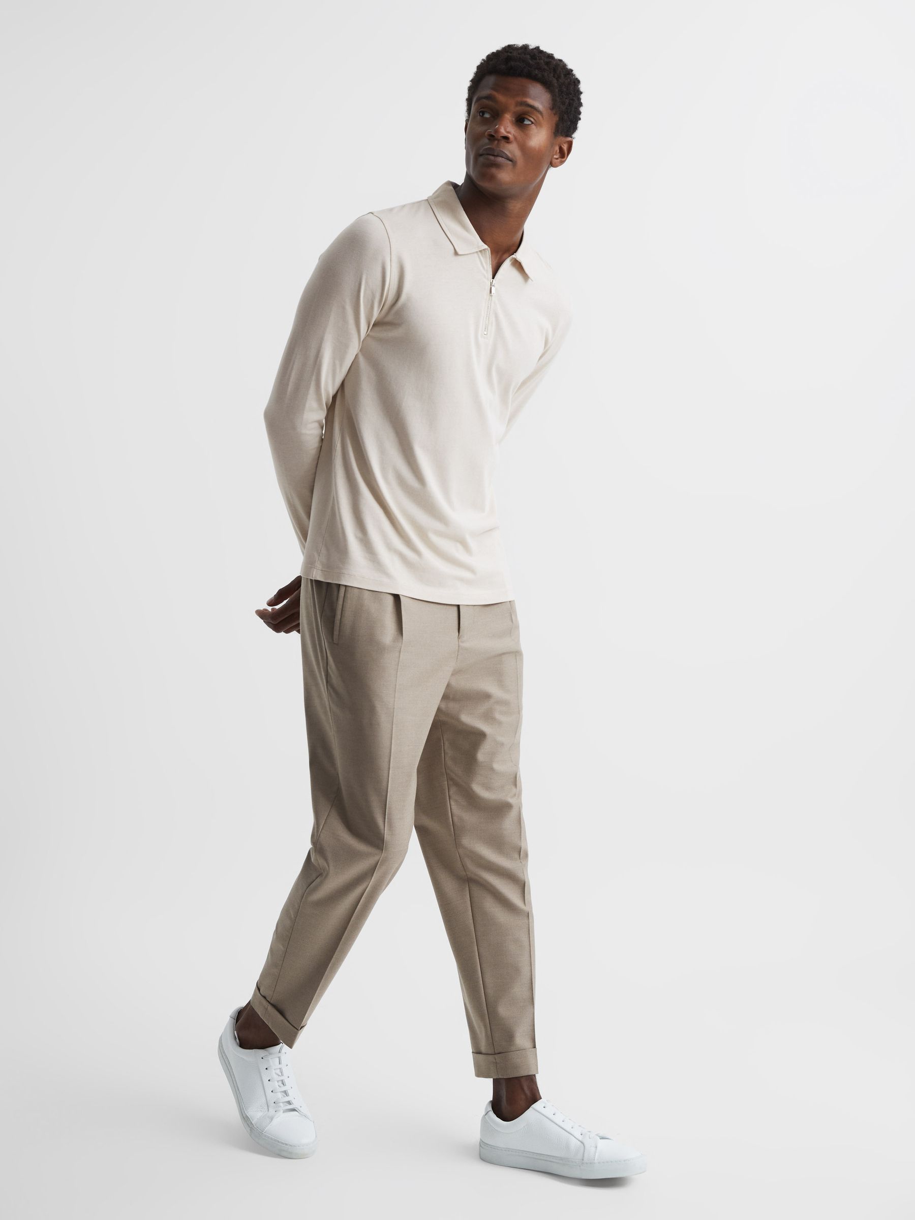 Textured Half Zip Long Sleeve Polo Shirt in Birch White - Image 3 of 6