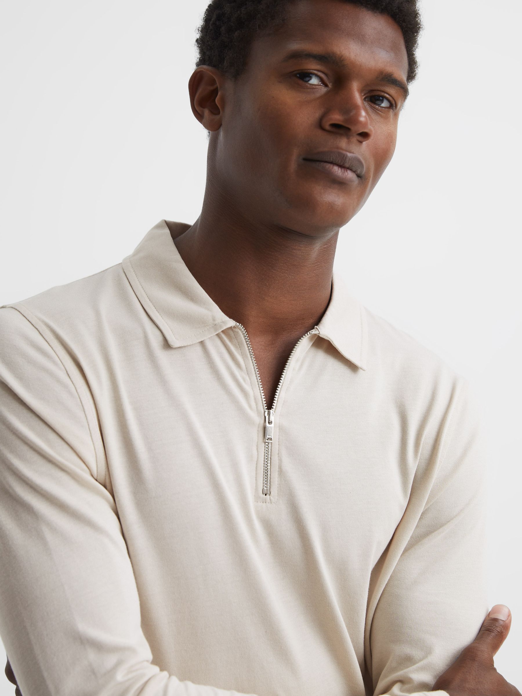 Textured Half Zip Long Sleeve Polo Shirt in Birch White - Image 4 of 6
